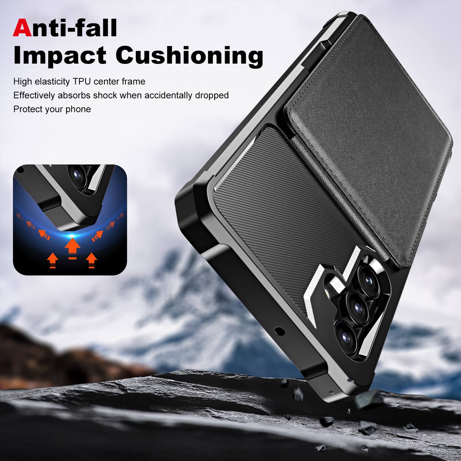 Anti-fall Impact Cushioning

High elasticity TPU center frame
Effectively absorbs shock when accidentally dropped
Protect your phone