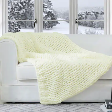 Front. Cheer Collection - Cheer Collection Ultra Soft Knit Throw Blanket with Fringe Edges Lightweight and Cozy 50 x 60 Inches - Ivory.