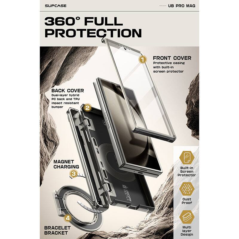SUPCASE UB PRO MAG 360 FULL PROTECTION

1. FRONT COVER: Protective casing with built-in screen protector
2. BACK COVER: Dual-layer hybrid PC back and TPU impact resistant bumper
3. MAGNET CHARGING
4. BRACELET BRACKET

Built-in Screen Protector
Dust Proof
Multi layer Design