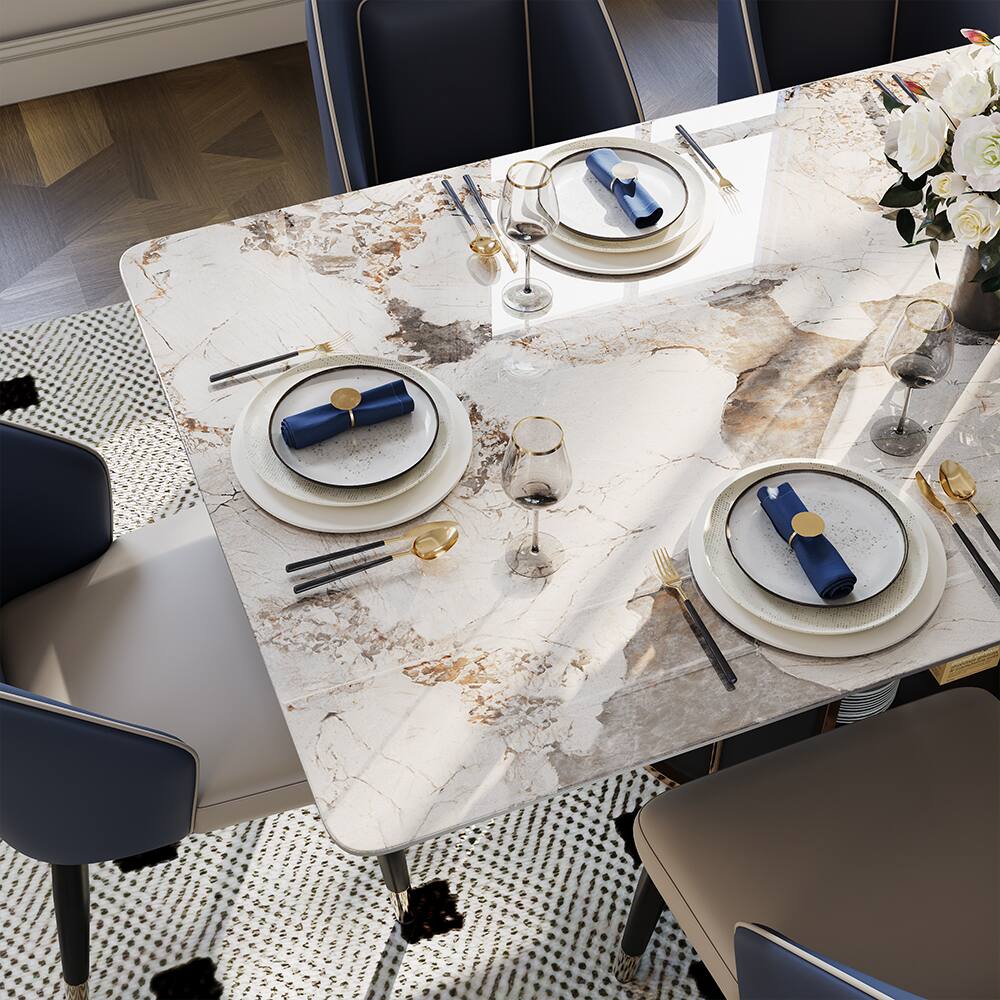 Back. POVISON - 71" Modern Dining Table with Storage for 6, Glossy White Sintered Stone Tabletop Space-Saving Kitchen Dining Room Table - Pandora & Black.