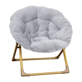 Emma + Oliver - Io Kid's Folding Saucer Chair with Cozy Faux Fur Upholstery and Metal Frame for Playroom, Bedrooms, Nursery and More - Gray Faux Fur/Soft Gold Frame