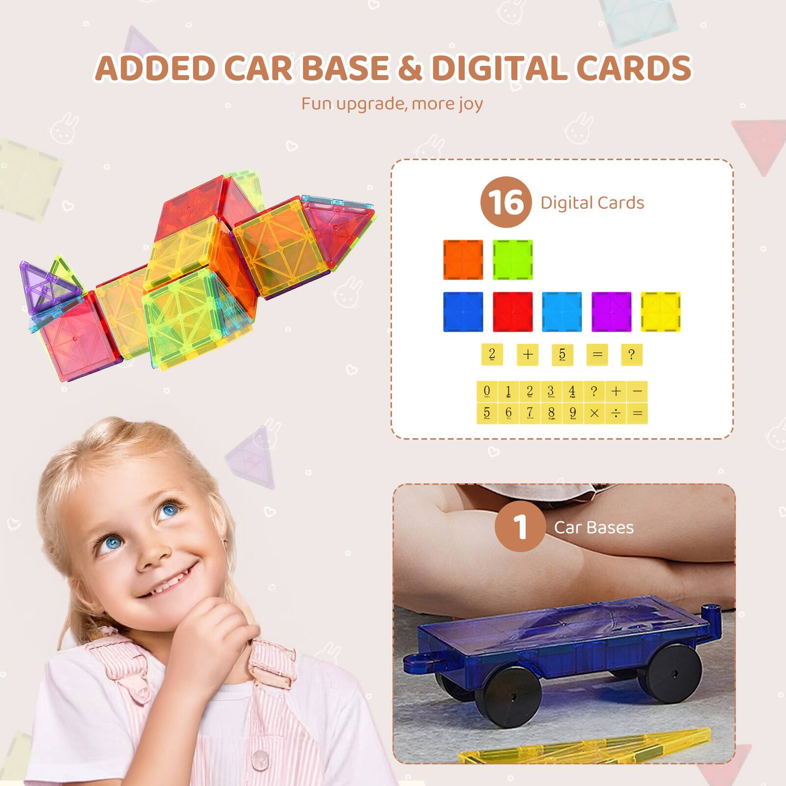 ADDED CAR BASE & DIGITAL CARDS  
Fun upgrade, more joy  

16 Digital Cards  
2 + 5 = ?  
0 1 2 3 4 5 6 7 8 9 x ÷ =  

1 Car Bases