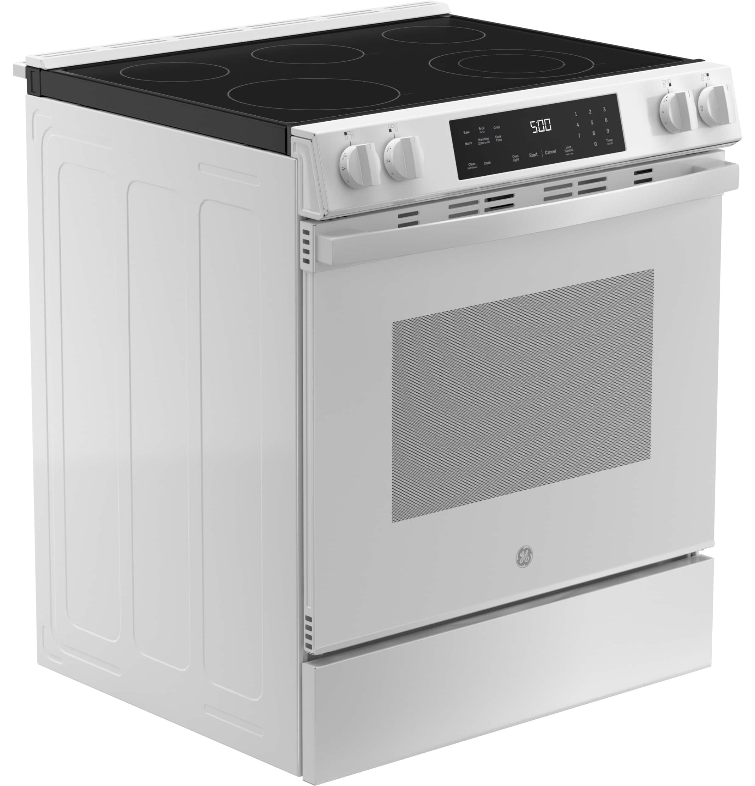 Angle. GE - 5.3 Cu. Ft. Slide-In Electric Range with Self-Clean and Steam Cleaning Option and Crisp Mode - White.