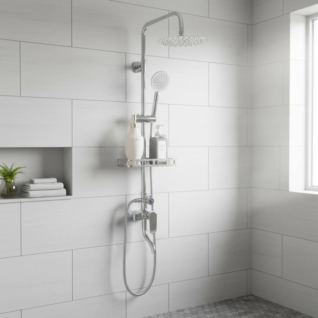 Back. Dazzed Corner - 304 Stainless Steel Wall-Mount Shower Set with 8" Rainfall Head & Handheld - Silver.