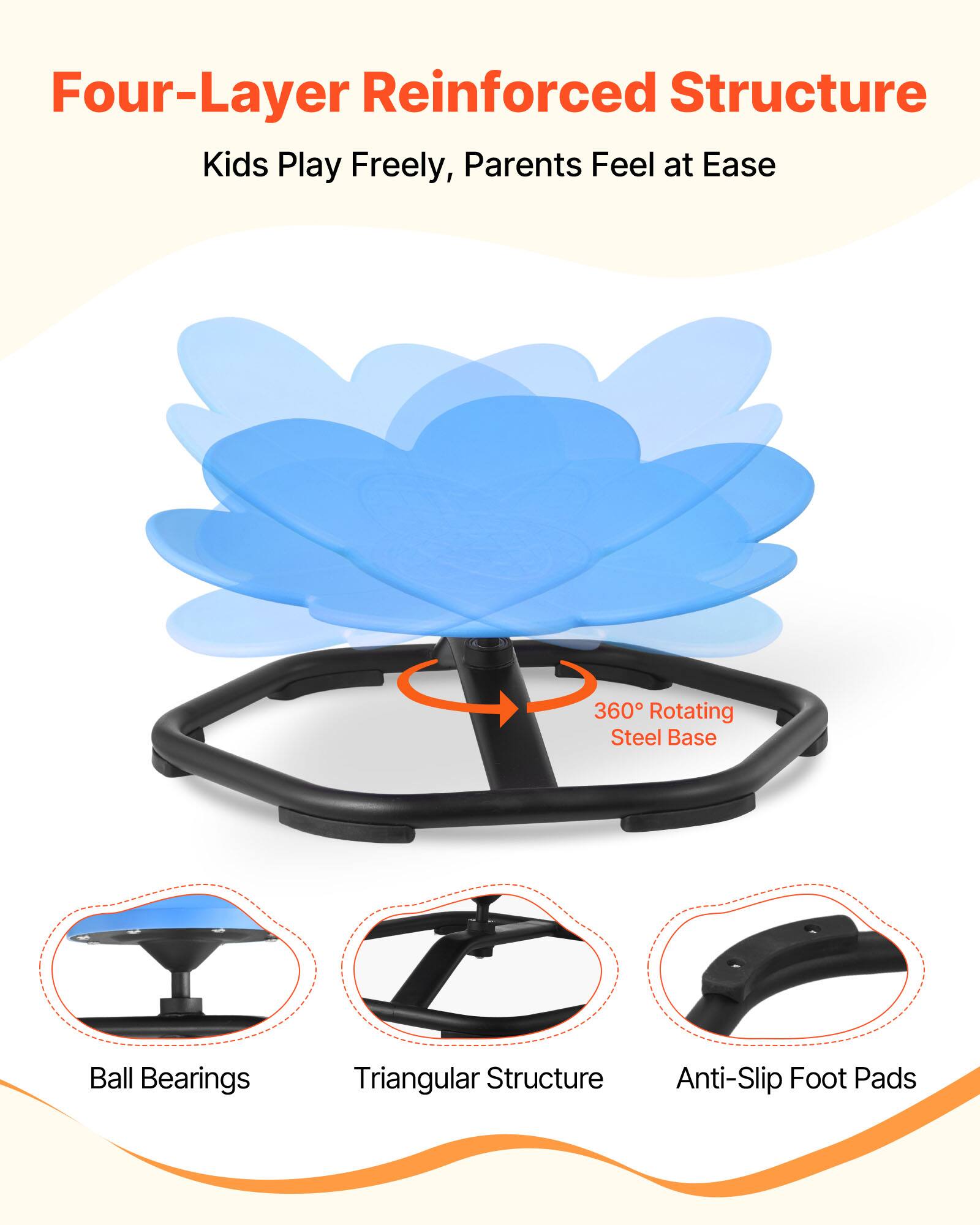 Four-Layer Reinforced Structure  
Kids Play Freely, Parents Feel at Ease  

360° Rotating Steel Base  
Ball Bearings  
Triangular Structure  
Anti-Slip Foot Pads