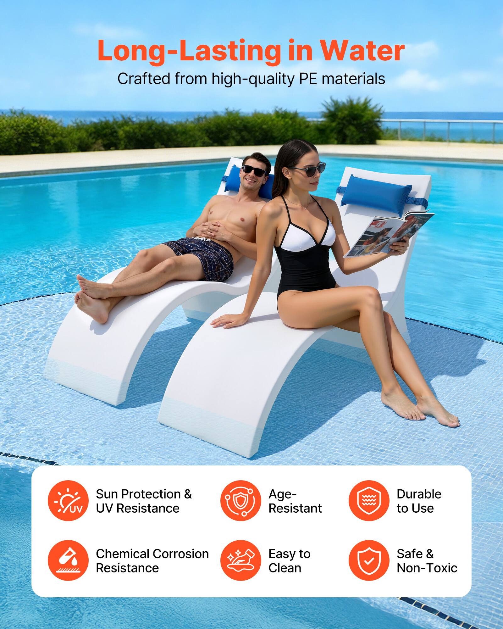 Long-Lasting in Water  
Crafted from high-quality PE materials  

Sun Protection & UV Resistance  
Age-Resistant  
Durable to Use  
Chemical Corrosion Resistance  
Easy to Clean  
Safe & Non-Toxic