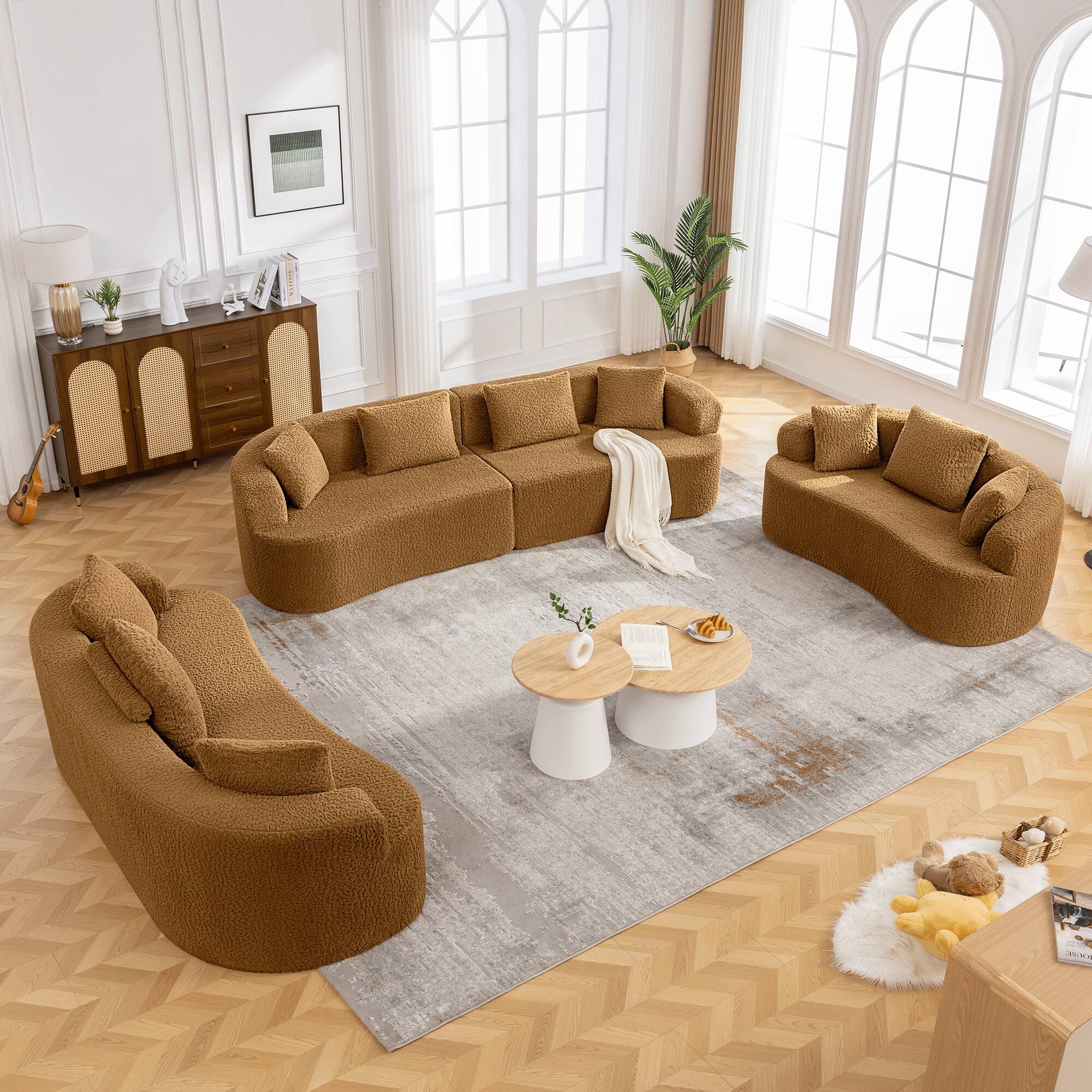 Alt View 7. Brick Attic - 87 Wide Boucle Upholstered Sofa with 3 Pillows,High Denslysponge and No Assembly Needed - Brown.