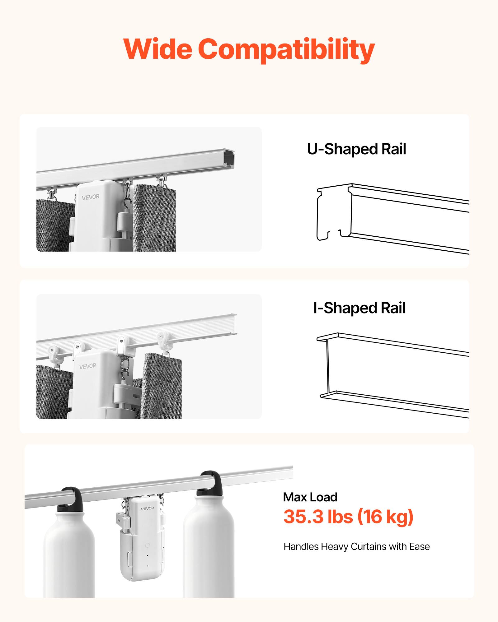 Wide Compatibility  
U-Shaped Rail  
I-Shaped Rail  
VEVOR  
Max Load 35.3 lbs (16 kg)  
Handles Heavy Curtains with Ease