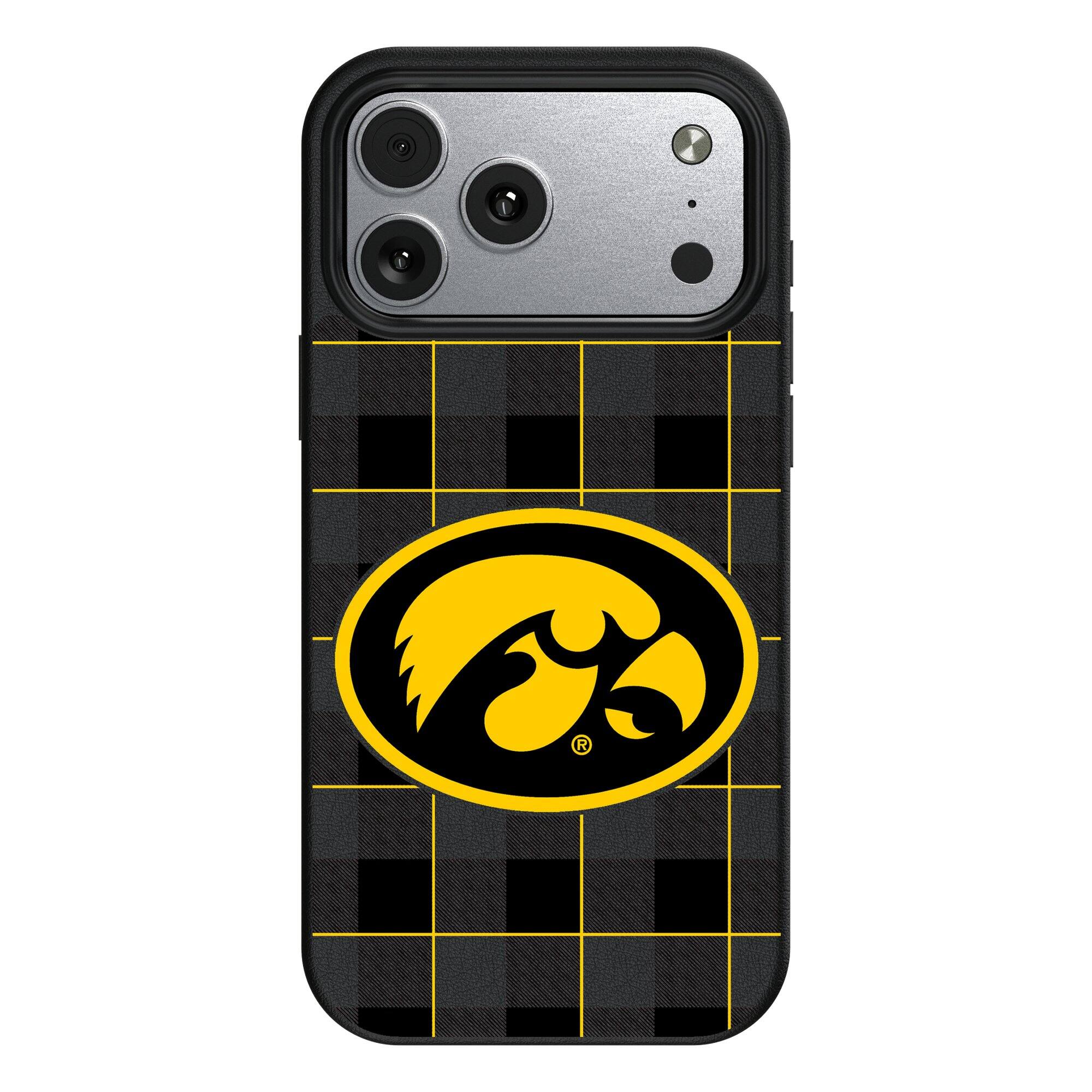 Front. Keyscaper - Iowa Hawkeyes Plaid Magnetic Bump iPhone Case - 15 - Black.