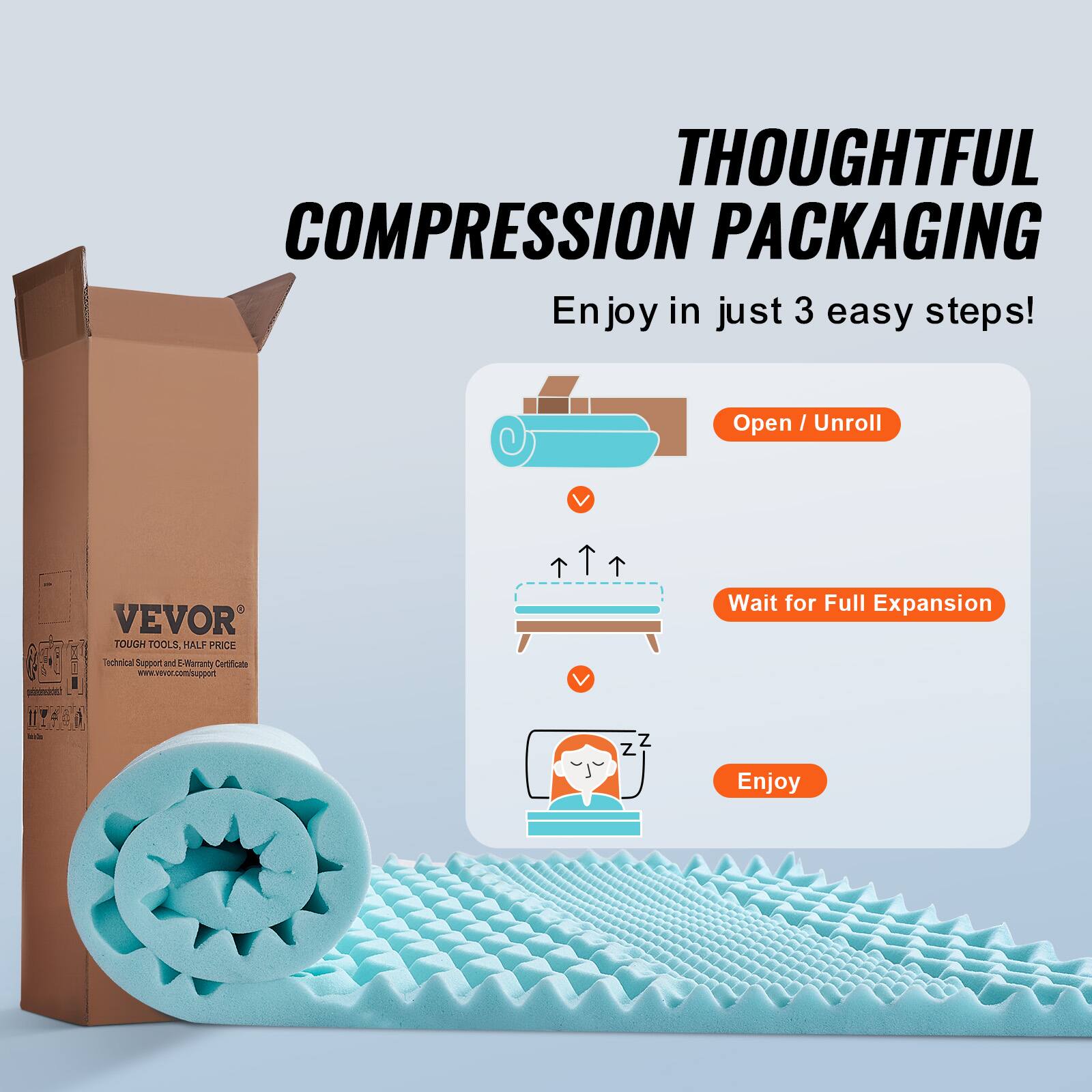 THOUGHTFUL COMPRESSION PACKAGING

Enjoy in just 3 easy steps!

1. Open / Unroll
2. Wait for Full Expansion
3. Enjoy

VEVOR  
TOUGH TOOLS. HALF PRICE  
Technical Support and Warranty Certificate  
www.vevor.com/support