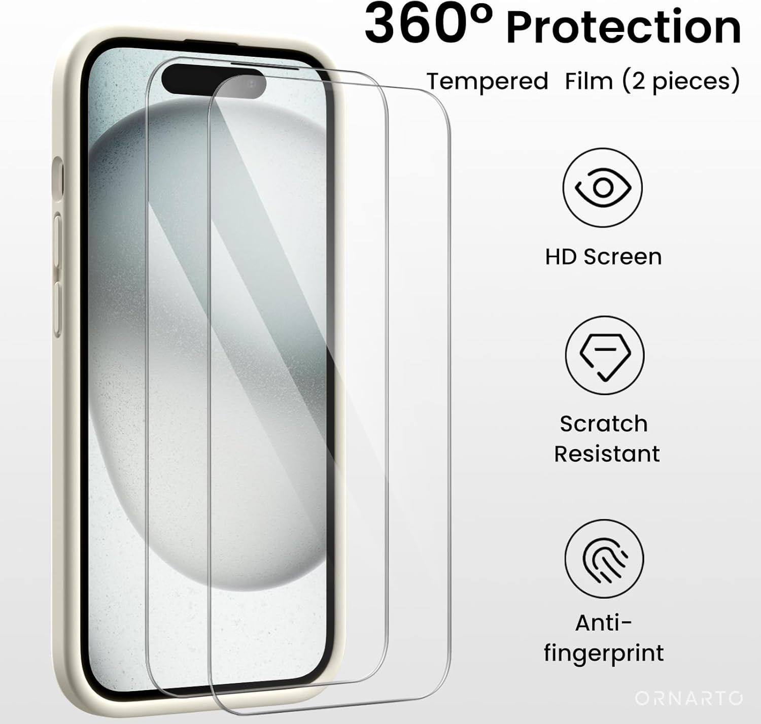360° Protection, Tempered Film (2 pieces), HD Screen, Scratch Resistant, Anti-fingerprint, ORNARTO
