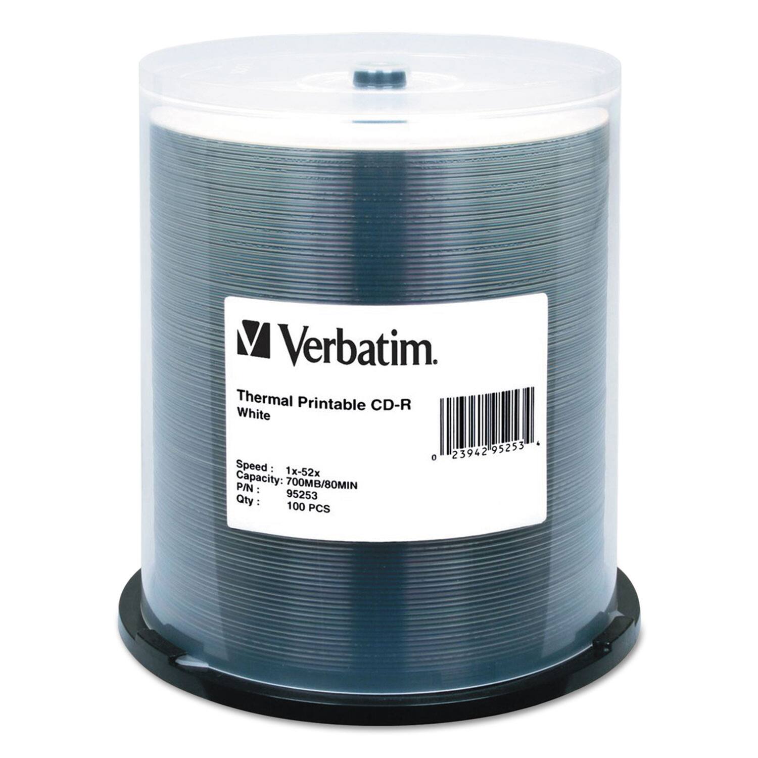 Verbatim  
Thermal Printable CD-R White  
Speed: 1x-52x  
Capacity: 700MB/80MIN  
P/N: 95253  
Qty: 100 PCS  
0 23942 95253