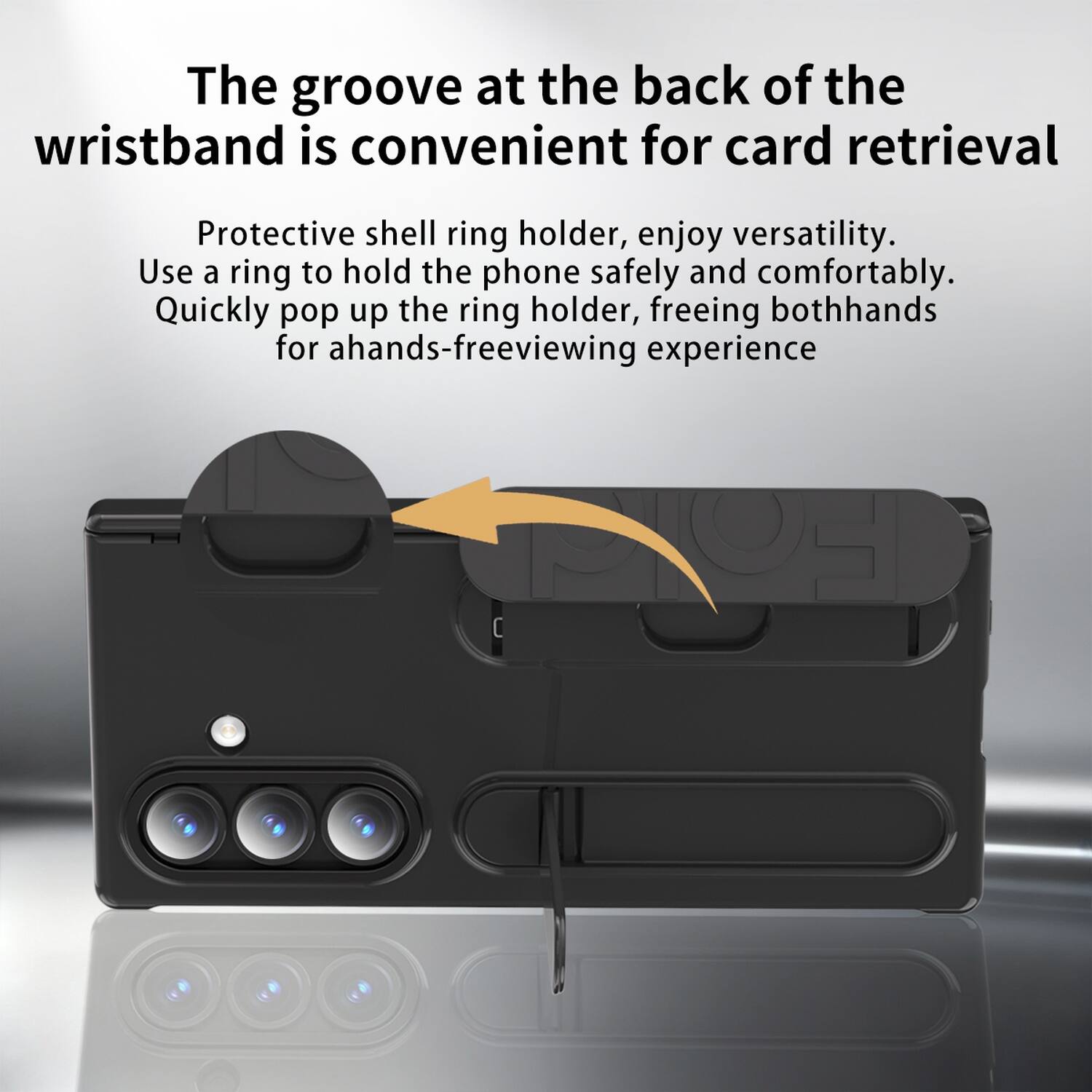 The groove at the back of the wristband is convenient for card retrieval. Protective shell ring holder, enjoy versatility. Use a ring to hold the phone safely and comfortably. Quickly pop up the ring holder, freeing both hands for a hands-free viewing experience.