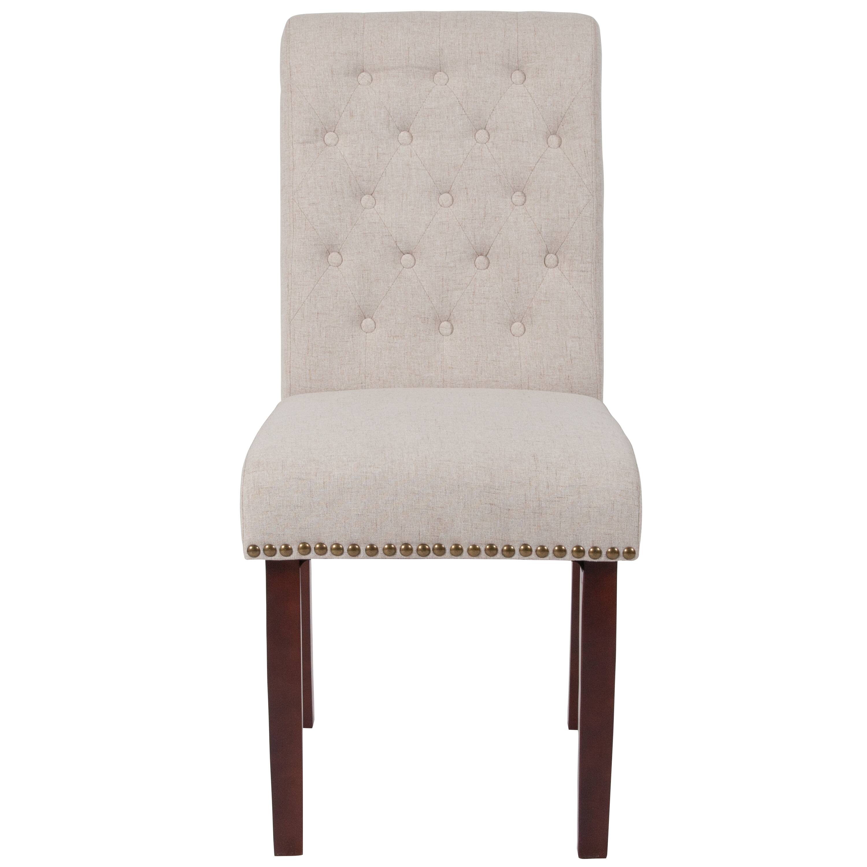 Alt View 8. Emma + Oliver - Upholstered Rolled Back Parsons Chair with Nailhead Trim & Finished Frame with Plastic Floor Glides - Beige Fabric.