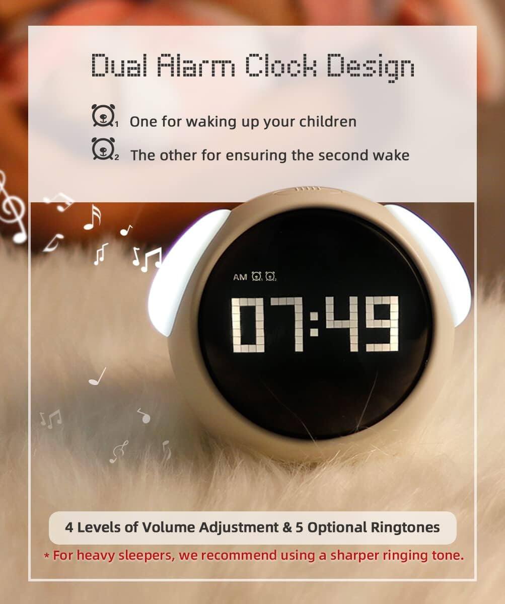 Dual Alarm Clock Design  
1. One for waking up your children  
2. The other for ensuring the second wake  

AM 07:49  

4 Levels of Volume Adjustment & 5 Optional Ringtones  
* For heavy sleepers, we recommend using a sharper ringing tone.