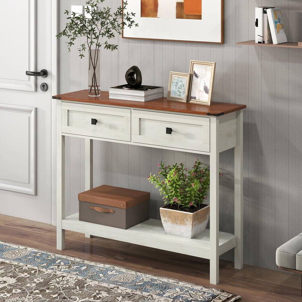 Alt View 6. Kadyn - Farmhouse Style Console Table - 2 Drawers & Bottom Storage Shelf, Rustic Side Table for Entryway, Living Room, Hallway - White.
