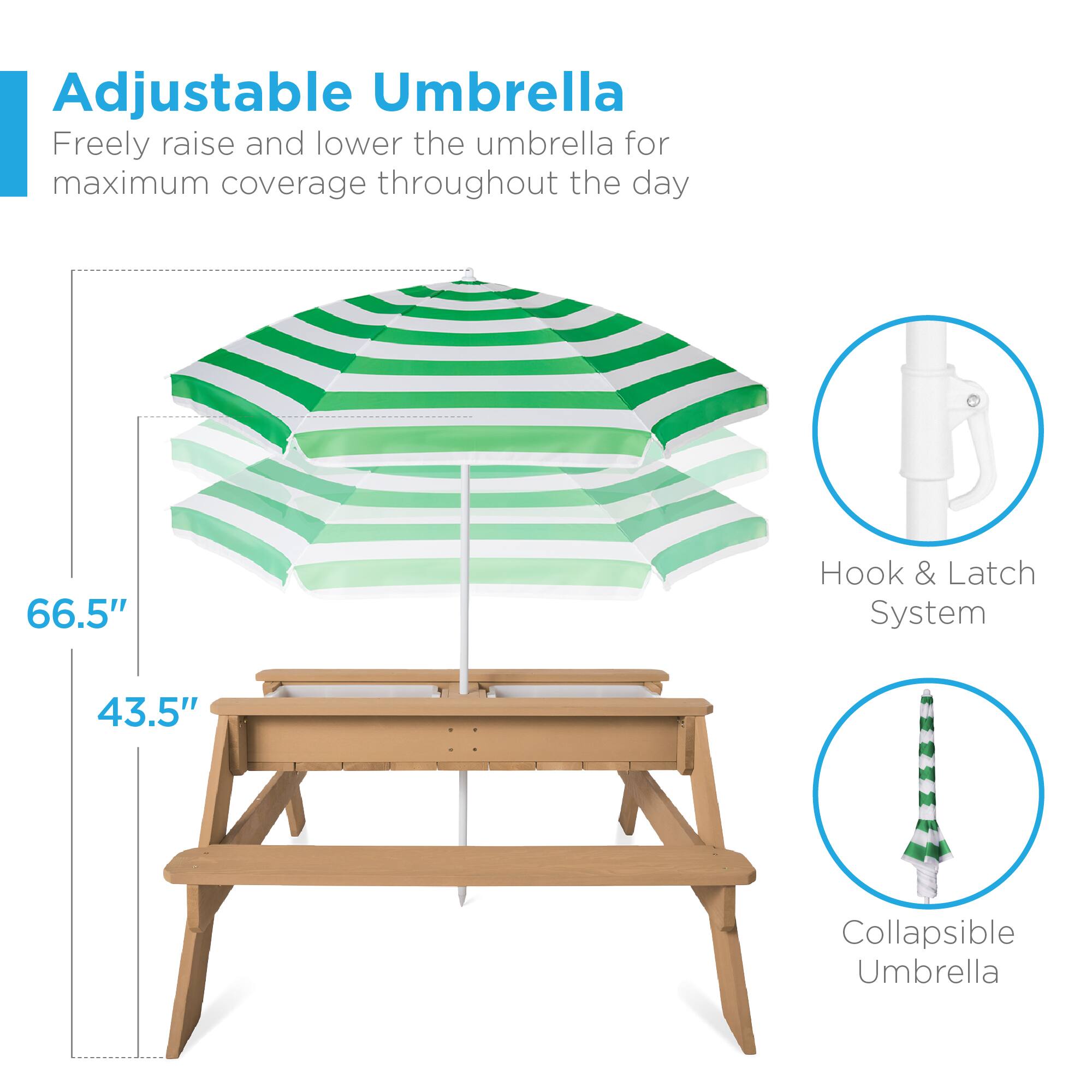 Adjustable Umbrella  
Freely raise and lower the umbrella for maximum coverage throughout the day  

66.5"  
43.5"  

Hook & Latch System  

Collapsible Umbrella