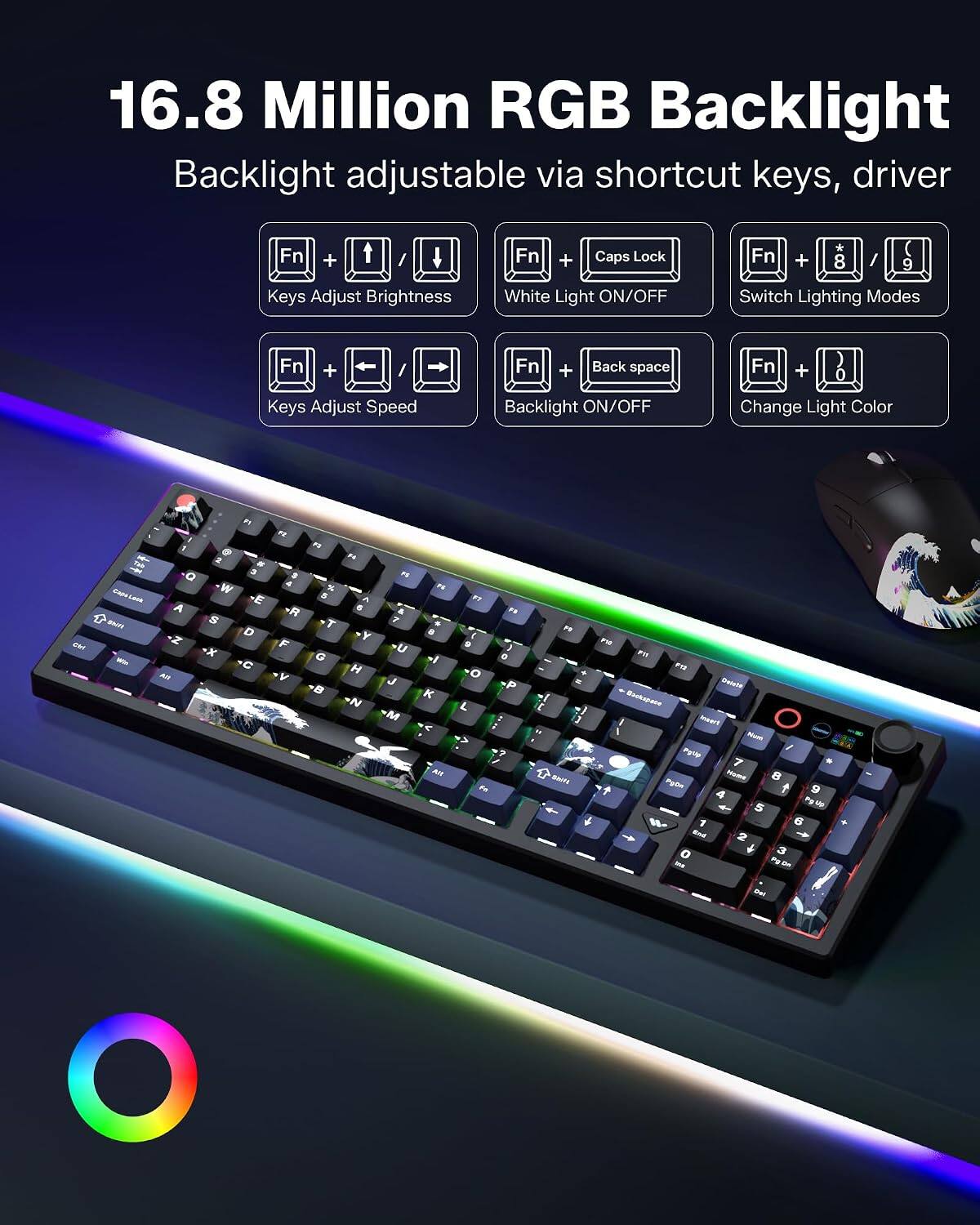 16.8 Million RGB Backlight

Backlight adjustable via shortcut keys, driver

- Fn + Up/Down Arrow Keys: Adjust Brightness
- Fn + Left/Right Arrow Keys: Adjust Speed
- Fn + Caps Lock: White Light ON/OFF
- Fn + 8/9: Switch Lighting Modes
- Fn + Backspace: Backlight ON/OFF
- Fn + Question Mark: Change Light Color
