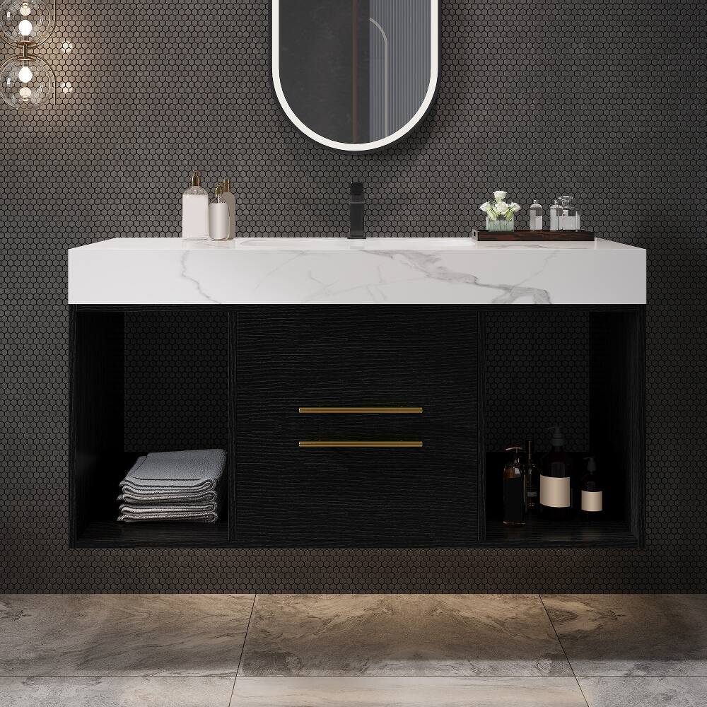 Left. Loheer - Loheer 39.4 inch floating bathroom vanity Wall Mounted Cabinet with Ceramic Sink Sintered Stone Top - White/Black.