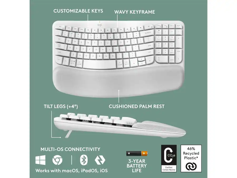 Logitech Keyboard Key Types Logitech Wave Keys Wireless Ergonomic Keyboard with Palm Rest ...