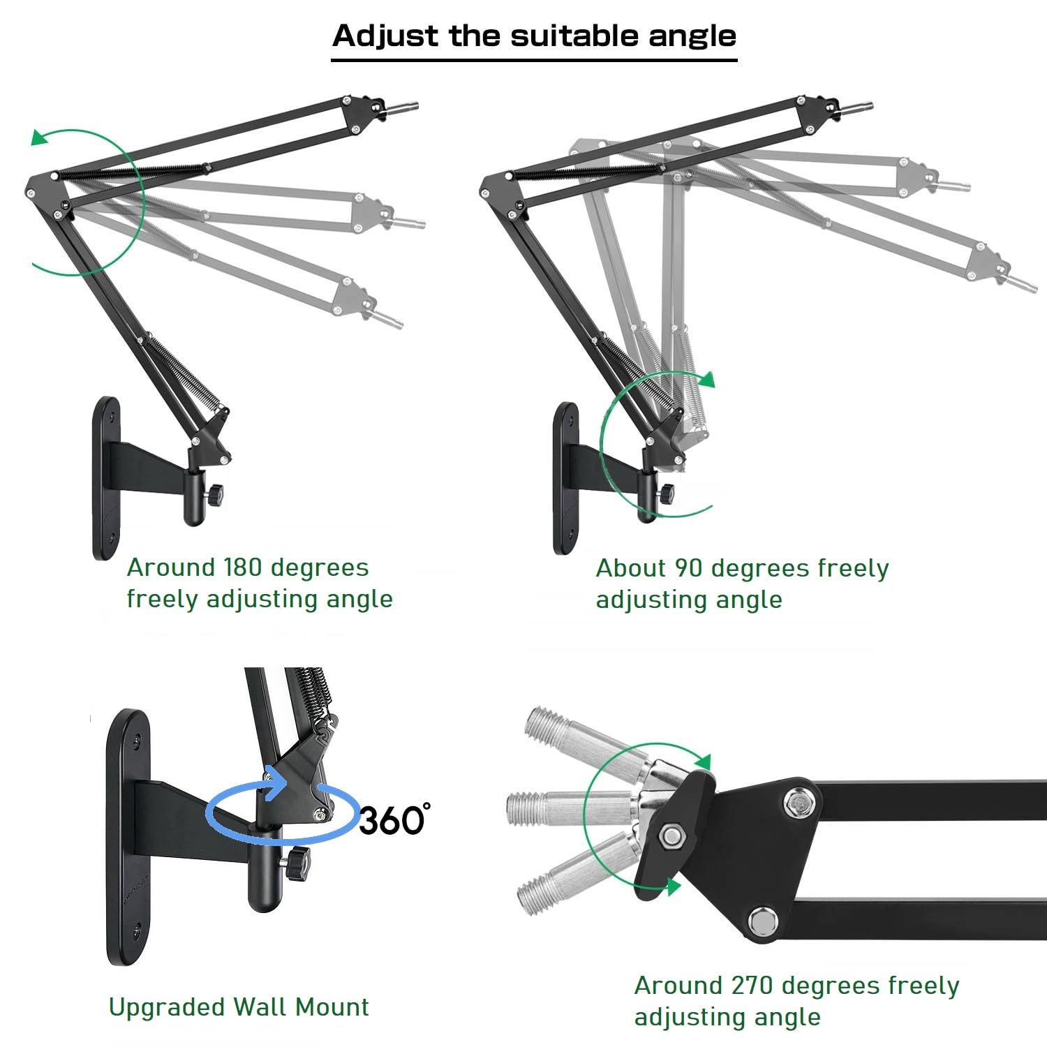 Adjust the suitable angle

- Around 180 degrees freely adjusting angle
- About 90 degrees freely adjusting angle
- Upgraded Wall Mount
- Around 270 degrees freely adjusting angle
- 360°