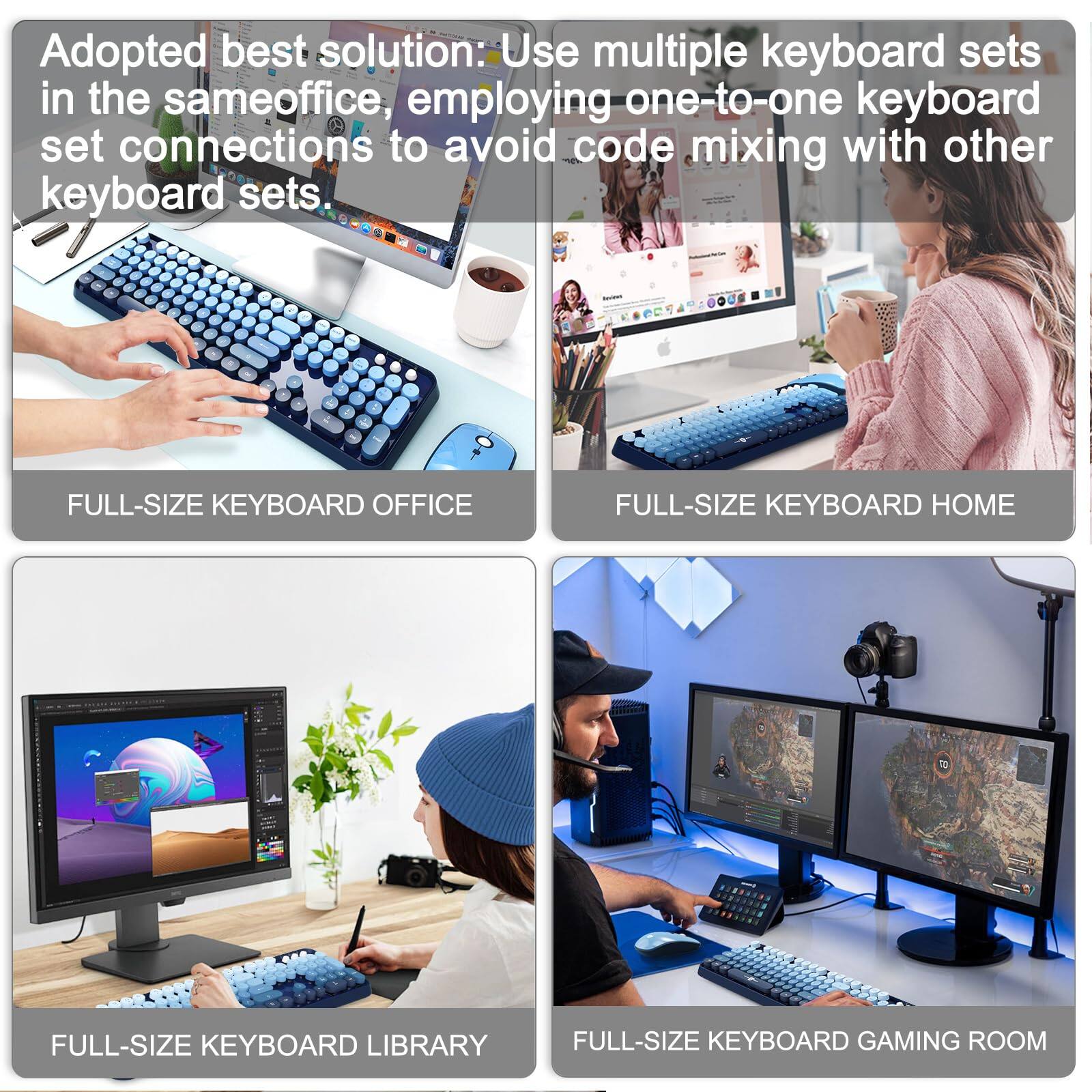 Adopted best solution: Use multiple keyboard sets in the same office, employing one-to-one keyboard set connections to avoid code mixing with other keyboard sets.

FULL-SIZE KEYBOARD OFFICE

FULL-SIZE KEYBOARD HOME

FULL-SIZE KEYBOARD LIBRARY

FULL-SIZE KEYBOARD GAMING ROOM