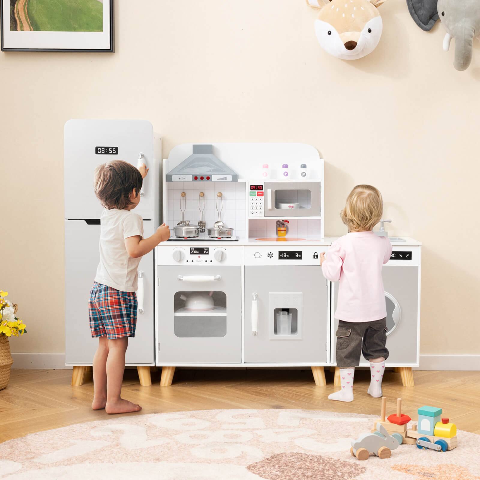 Alt View 3. Costway - Costway 3 in 1 Kitchen Toy w/Refrigerator Kitchen Set Washing Machine Ice Maker Stoves - White,Grey.