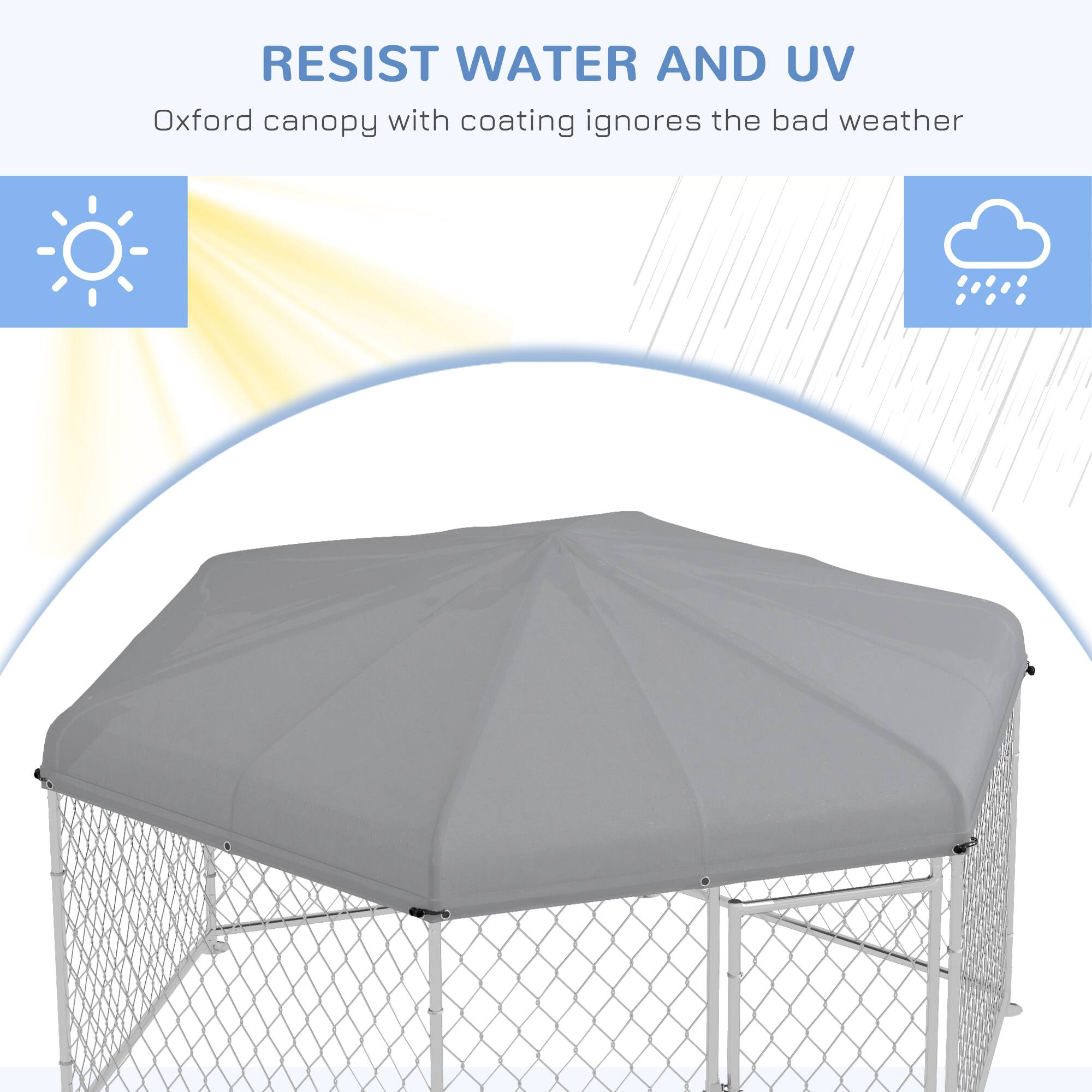 RESIST WATER AND UV  
Oxford canopy with coating ignores the bad weather