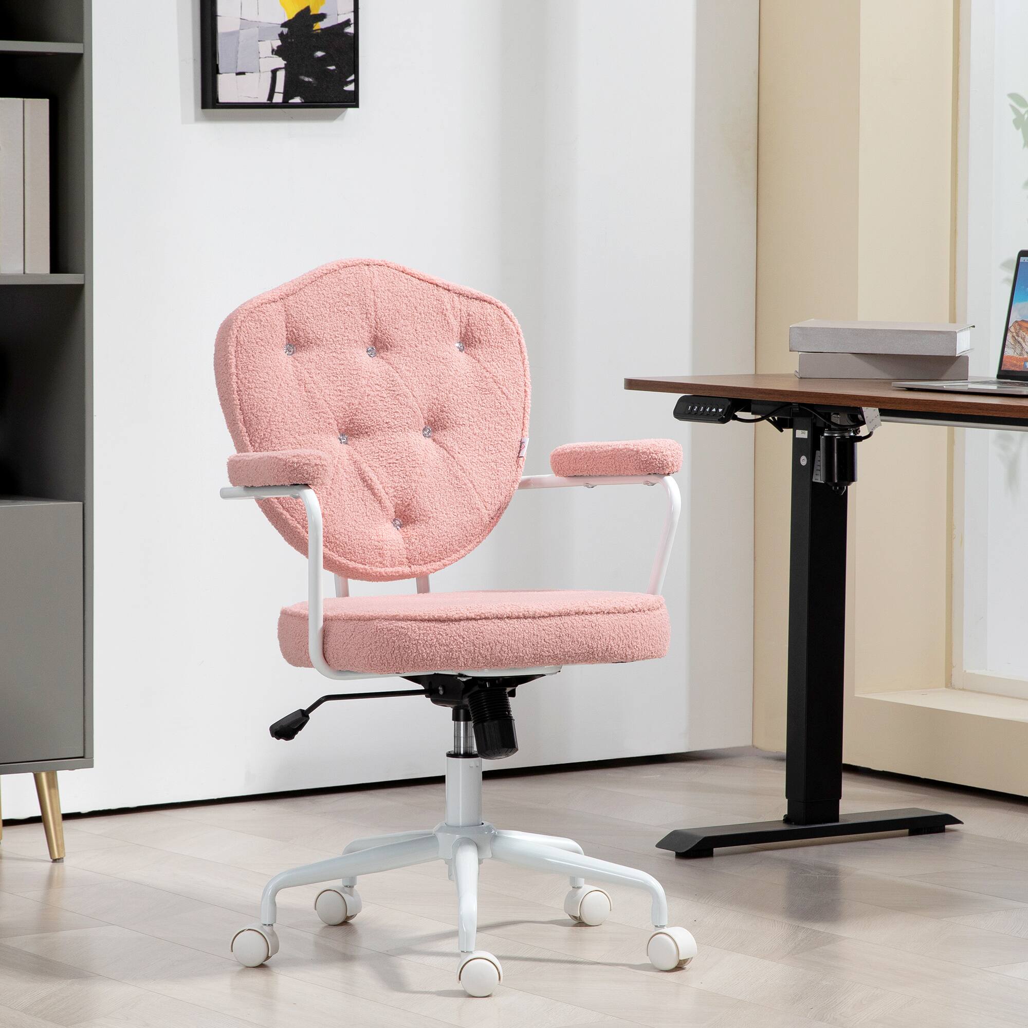 Alt View 1. Homcom - Teddy Fleece Button Tufted Computer Desk Chair with Swivel - Pink.