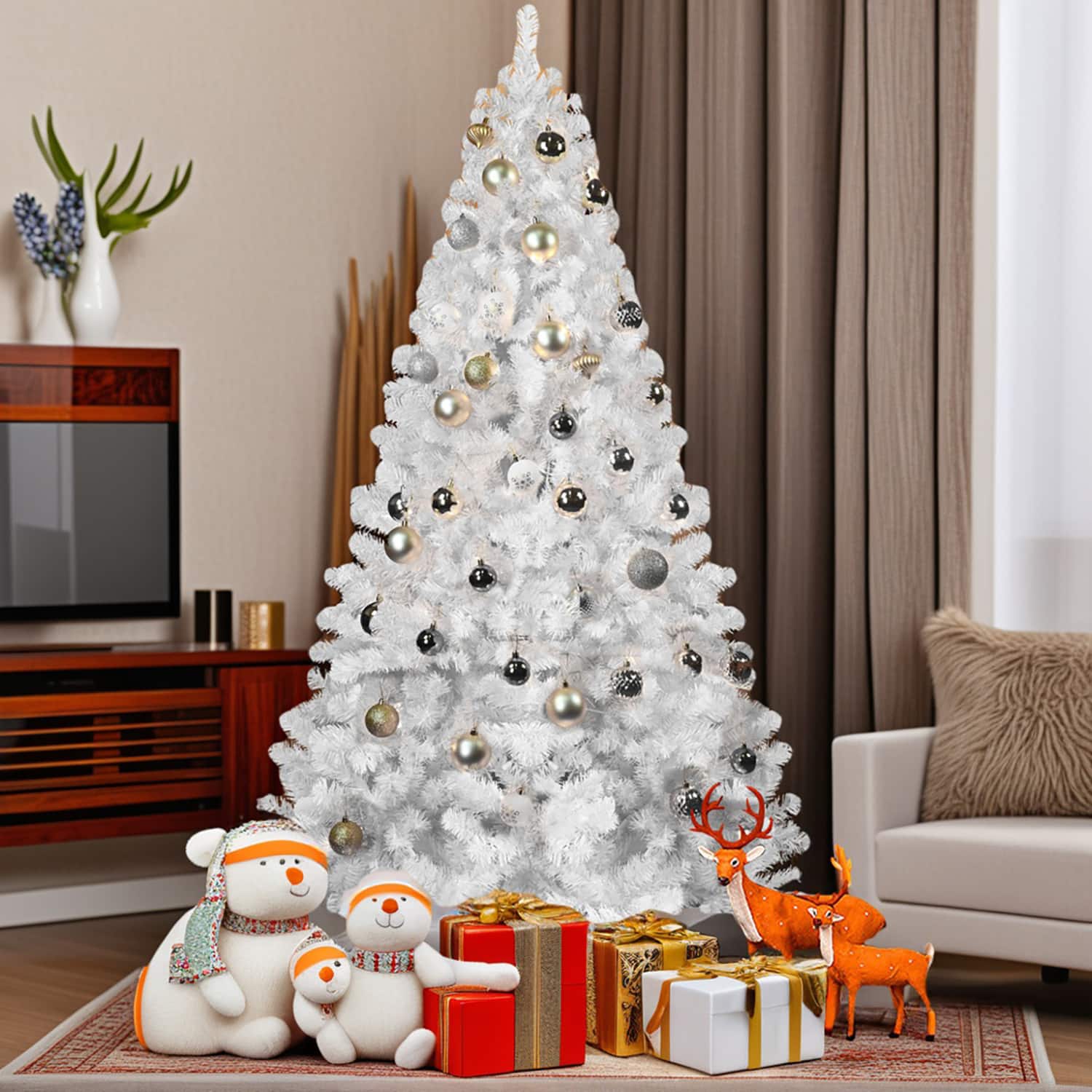 Resenkos - Artificial 6ft Christmas Tree with 760PVC Mixed Branch Tips,Green,Hinged Premium & Foldable Base - White
