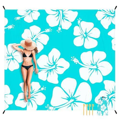 Reds Spade - Beach Blanket Waterproof Sandproof Mat Lightweight Outdoor Picnic For Travel Camping Hiking Vibrant Tropica - Blue Hibiscus-6.6x7.2 FT (1~4 Person)