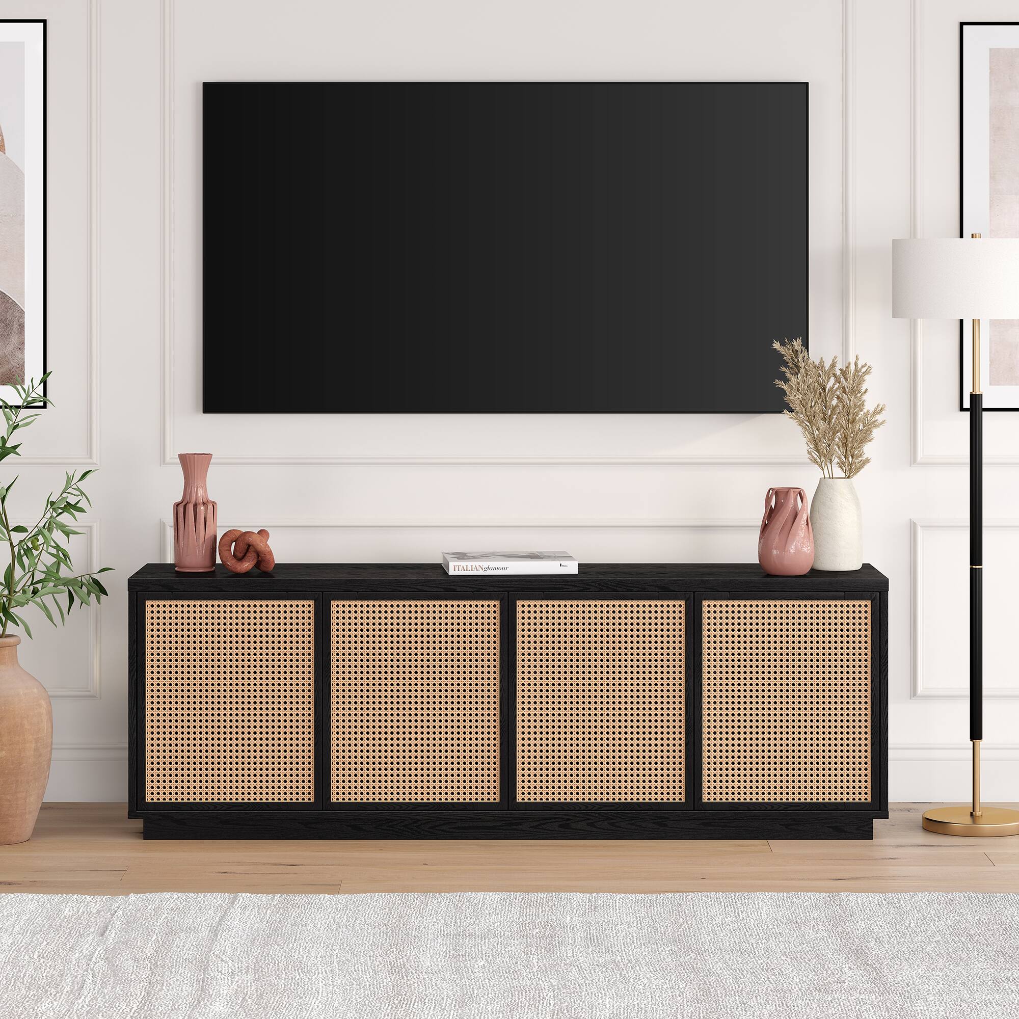 Alt View 2. Hudson&Canal - Pryce Rectangular TV Stand for TV's up to 78" in Black Grain/Natural Rattan - Black Grain/Natural Rattan.