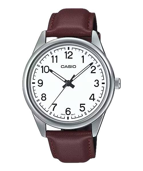 Casio - Men’s White Dial Leather Strap Analog Watch - MTP-V005L-7B4UDF - Brown