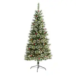 BreeBe - 6’ Frosted Swiss Pine Christmas Tree 300 Clear LED & Berries - Green