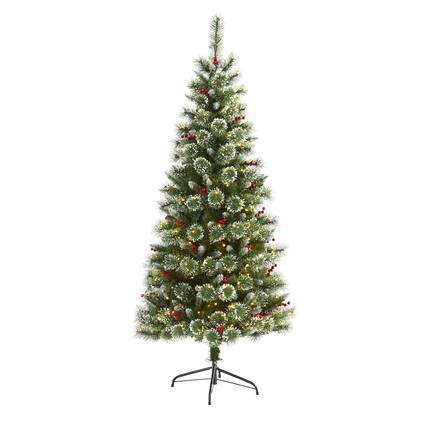 Front. BreeBe - 6’ Frosted Swiss Pine Christmas Tree 300 Clear LED & Berries - Green.