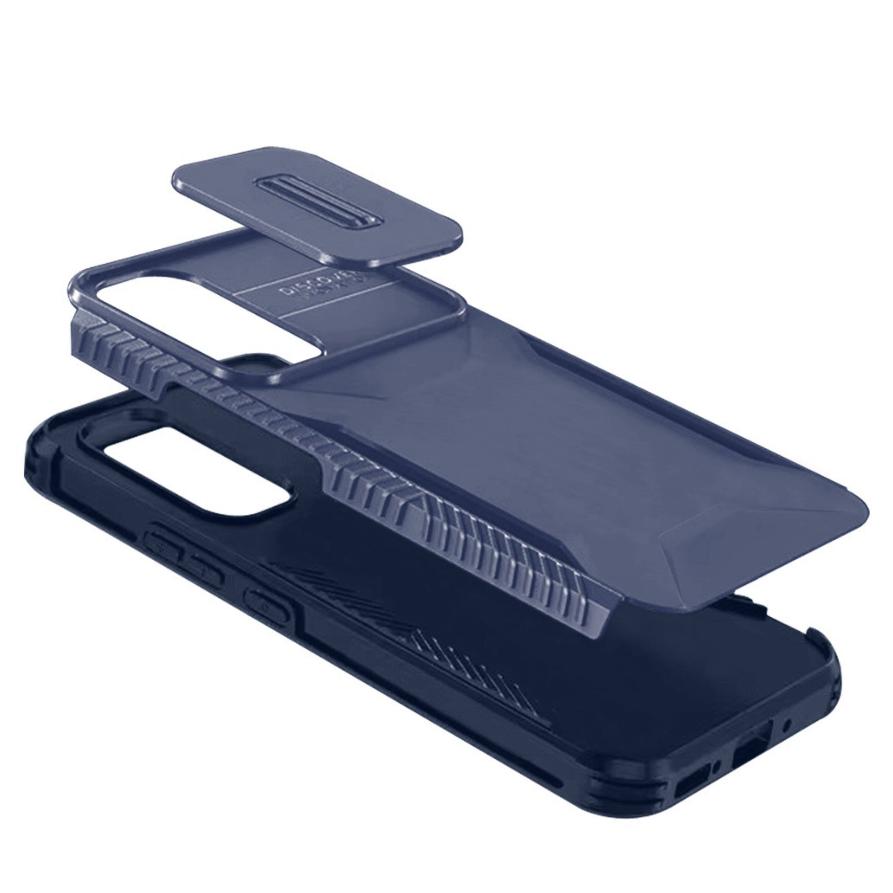 Angle. Kitcheniva - Rugged Side Grip Sliding Rear Lens Cover Plus Tempered Glass For Samsung S26 FE Dark Blue - Dark Blue.