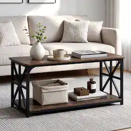 WELLFOR - 2-Tier Farmhouse Coffee Table with Open Storage Shelf, Center Tables for Living Room - Rustic Brown