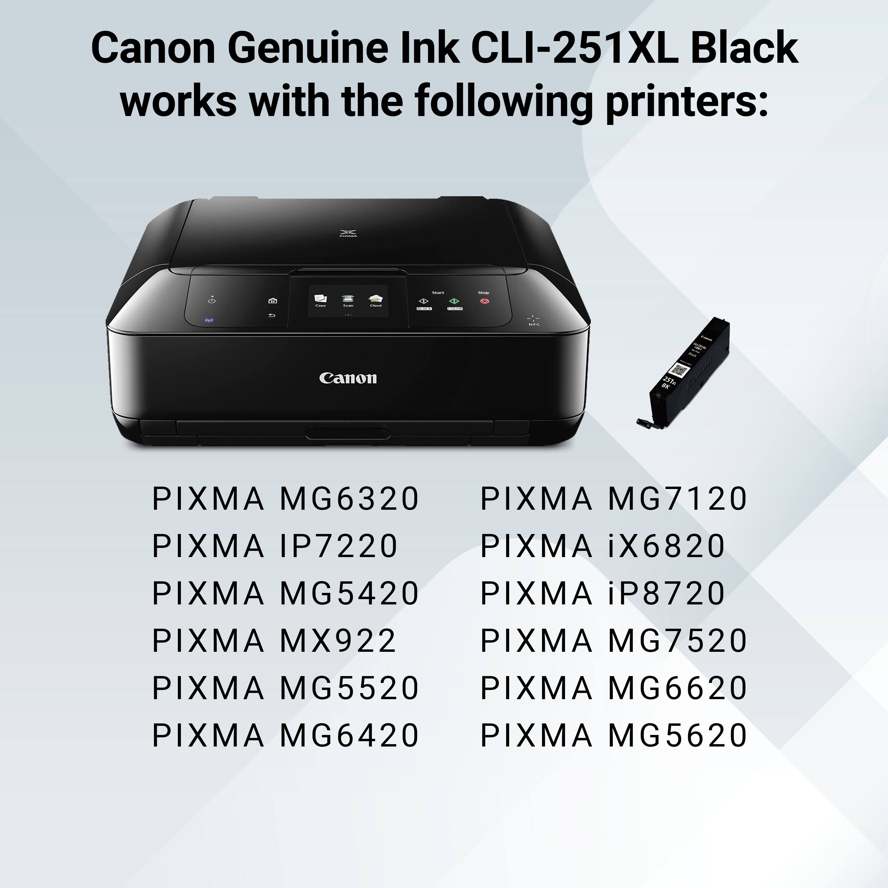 Canon Genuine Ink CLI-251XL Black works with the following printers:

- PIXMA MG6320
- PIXMA IP7220
- PIXMA MG5420
- PIXMA MX922
- PIXMA MG5520
- PIXMA MG6420
- PIXMA MG7120
- PIXMA iX6820
- PIXMA iP8720
- PIXMA MG7520
- PIXMA MG6620
- PIXMA MG5620