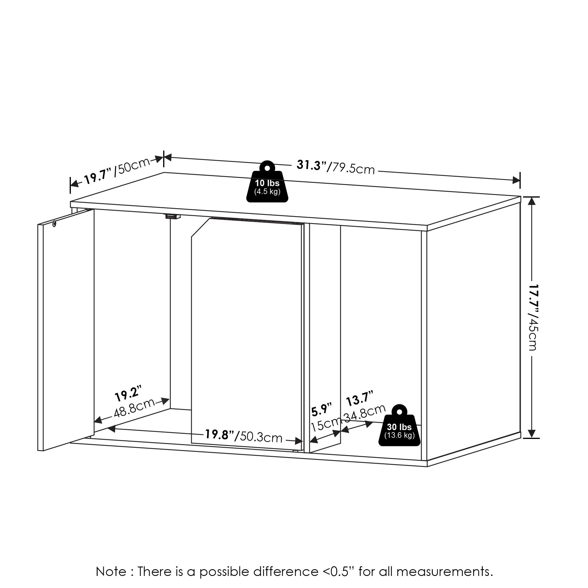 - 19.7" / 50cm
- 31.3" / 79.5cm
- 19.2" / 48.8cm
- 19.8" / 50.3cm
- 17.7" / 45cm
- 13.7" / 34.8cm
- 5.9" / 15cm
- 10 lbs (4.5 kg)
- 30 lbs (13.6 kg)

Note: There is a possible difference <0.5" for all measurements.