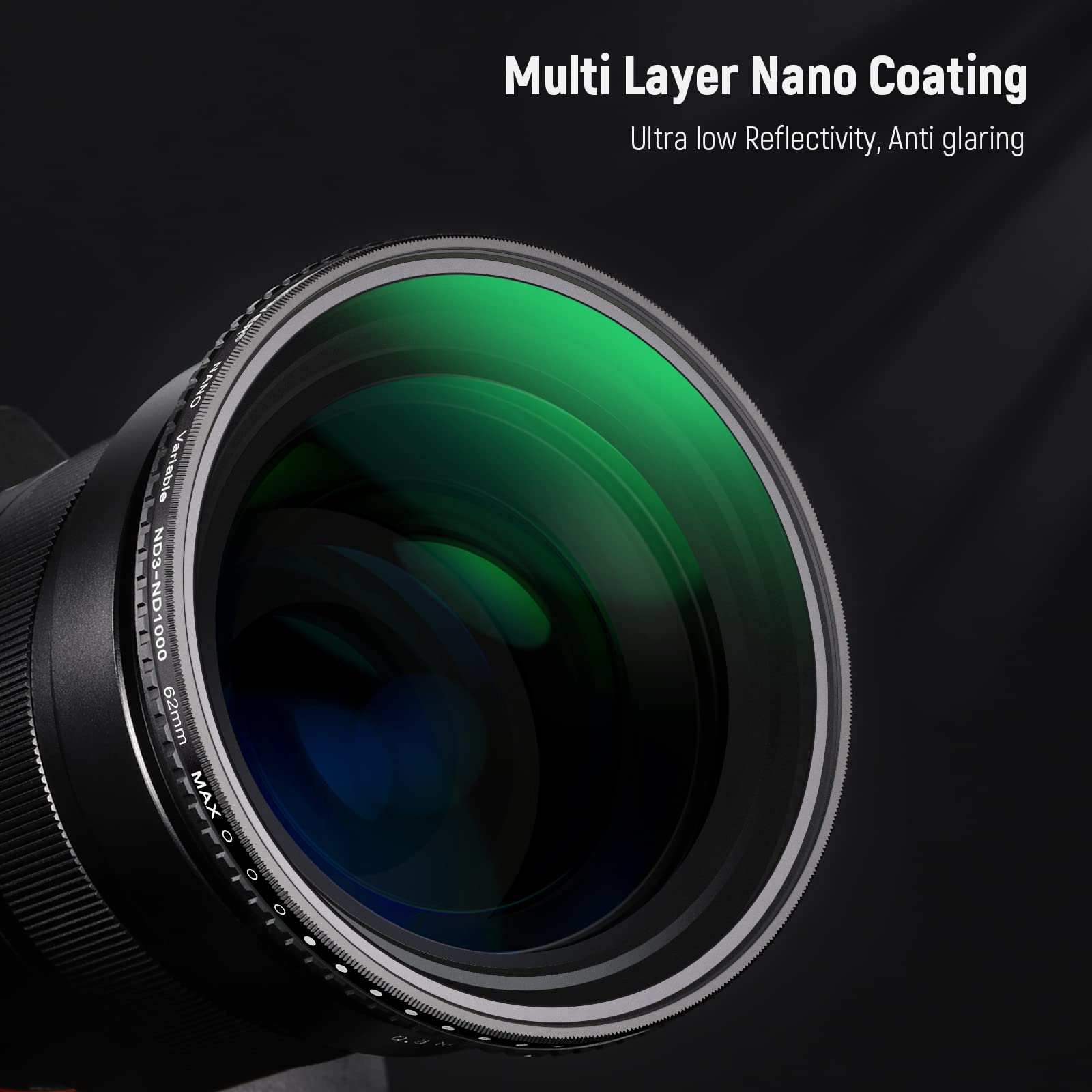 Multi Layer Nano Coating  
Ultra low Reflectivity, Anti glaring  
ANG Variable ND3-ND1000  
62mm  
MAX 0 0