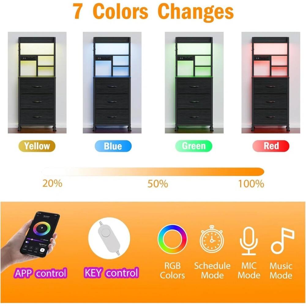 7 Colors Changes  
Yellow Blue Green Red  
20% 50% 100%  
E  
APP control  
KEY control  
RGB Schedule  
MIC Music  
Colors Mode Mode Mode