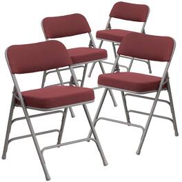 Emma + Oliver - 4 Pack Premium Curved Triple Braced & Hinged Fabric Upholstered Metal Folding Chair - Burgundy