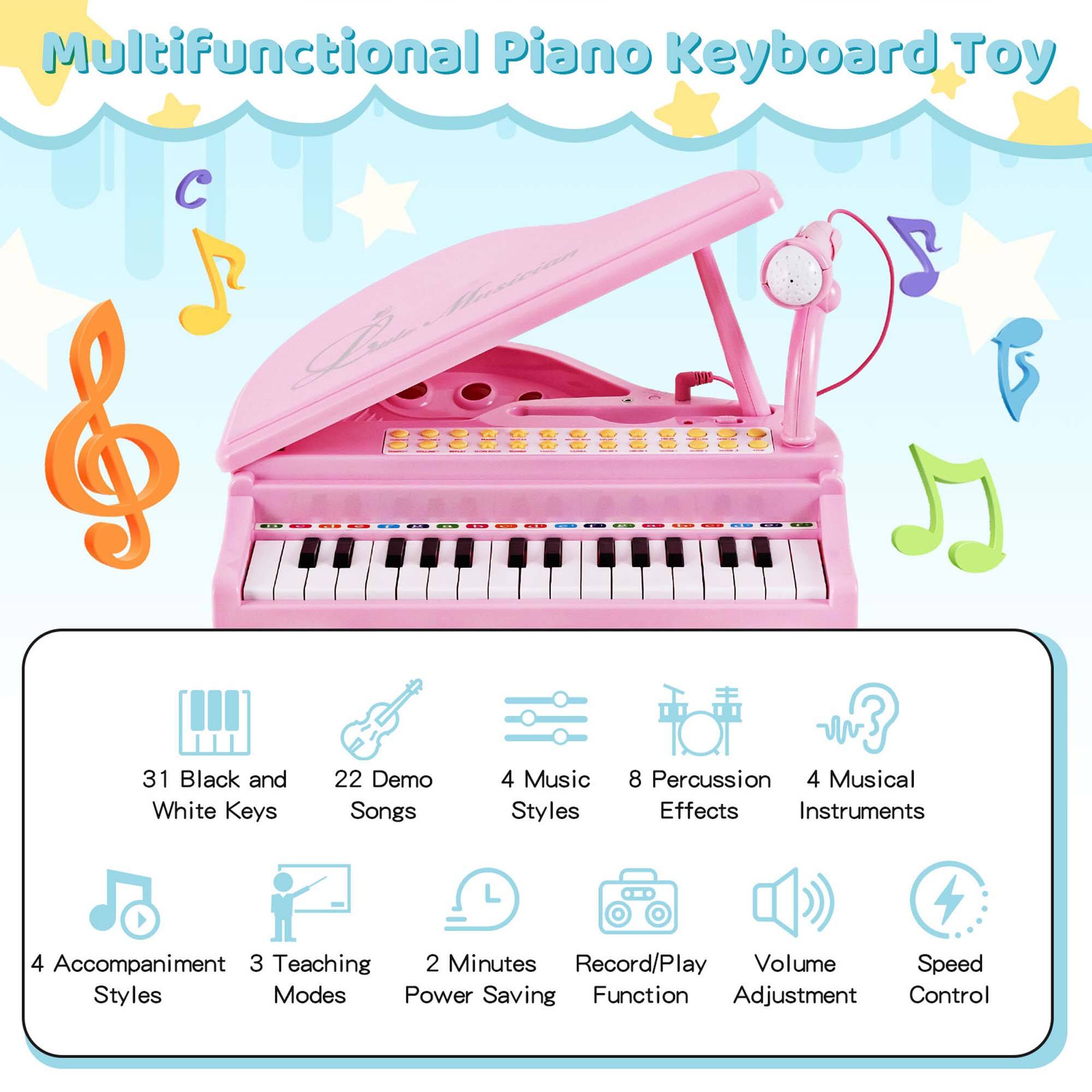 Multifunctional Piano Keyboard Toy:

* 31 Black and White Keys
* 22 Demo Songs
* 4 Music Styles
* 8 Percussion Instruments
* 4 Musical Effects
* 4 Accompaniment
* 3 Teaching Modes
* 2 Minutes Record/Play
* Volume and Speed Controls
* Power Saving Function
* Adjustment Control