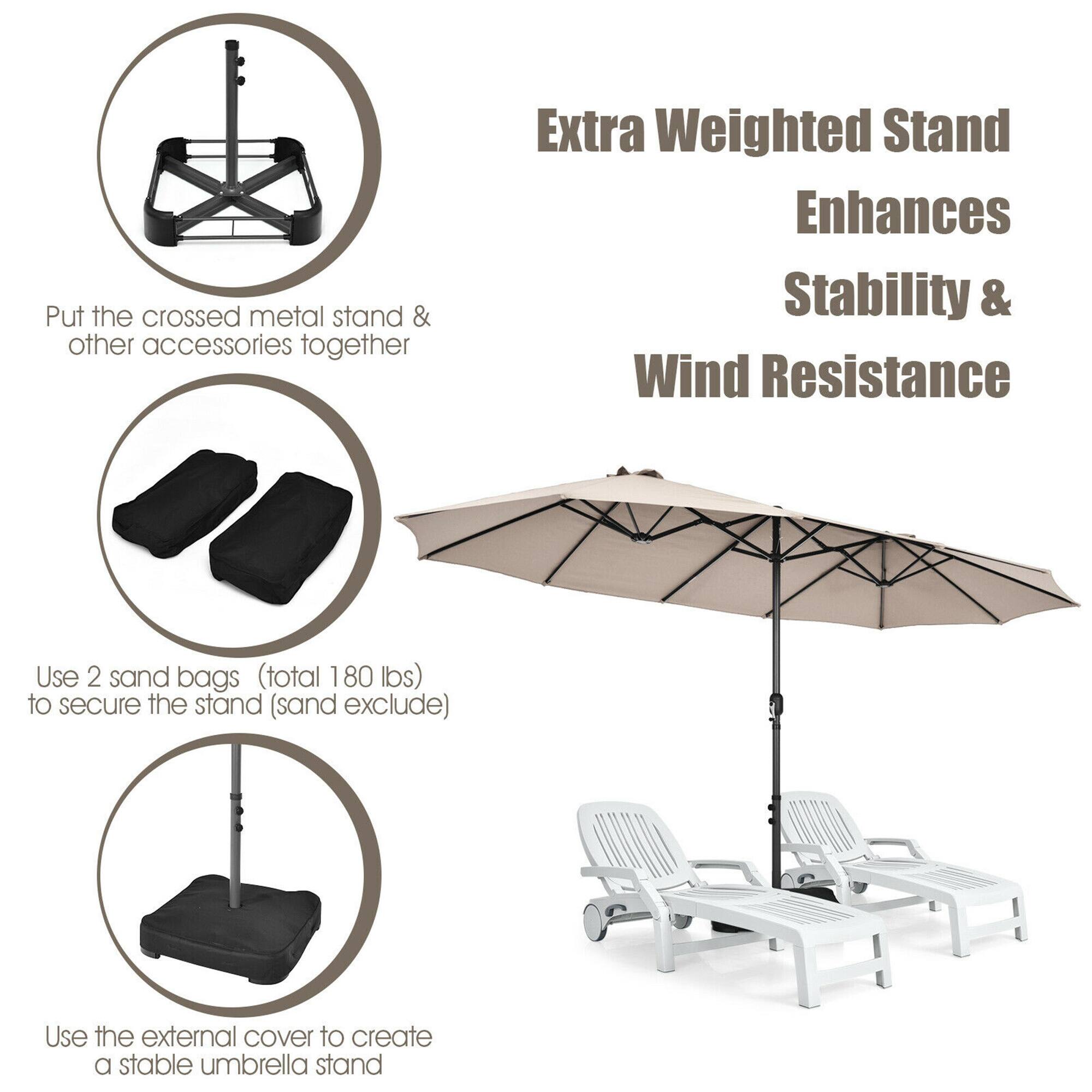 Extra Weighted Stand Enhances Stability & Wind Resistance

Put the crossed metal stand & other accessories together

Use 2 sand bags (total 180 lbs) to secure the stand (sand exclude)

Use the external cover to create a stable umbrella stand