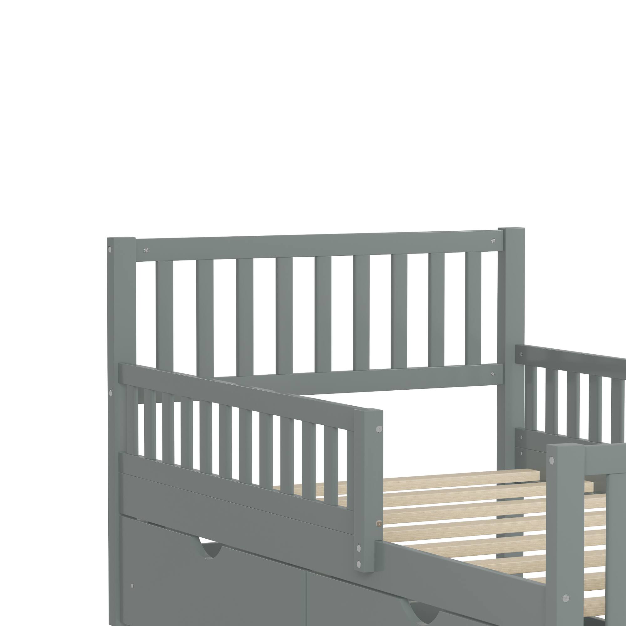 Alt View 4. GOODSILO - Twin Size Wood Platform Bed with Dual Guardrails and Underbed Storage Drawers for Enhanced Safety and Organization - Gray.