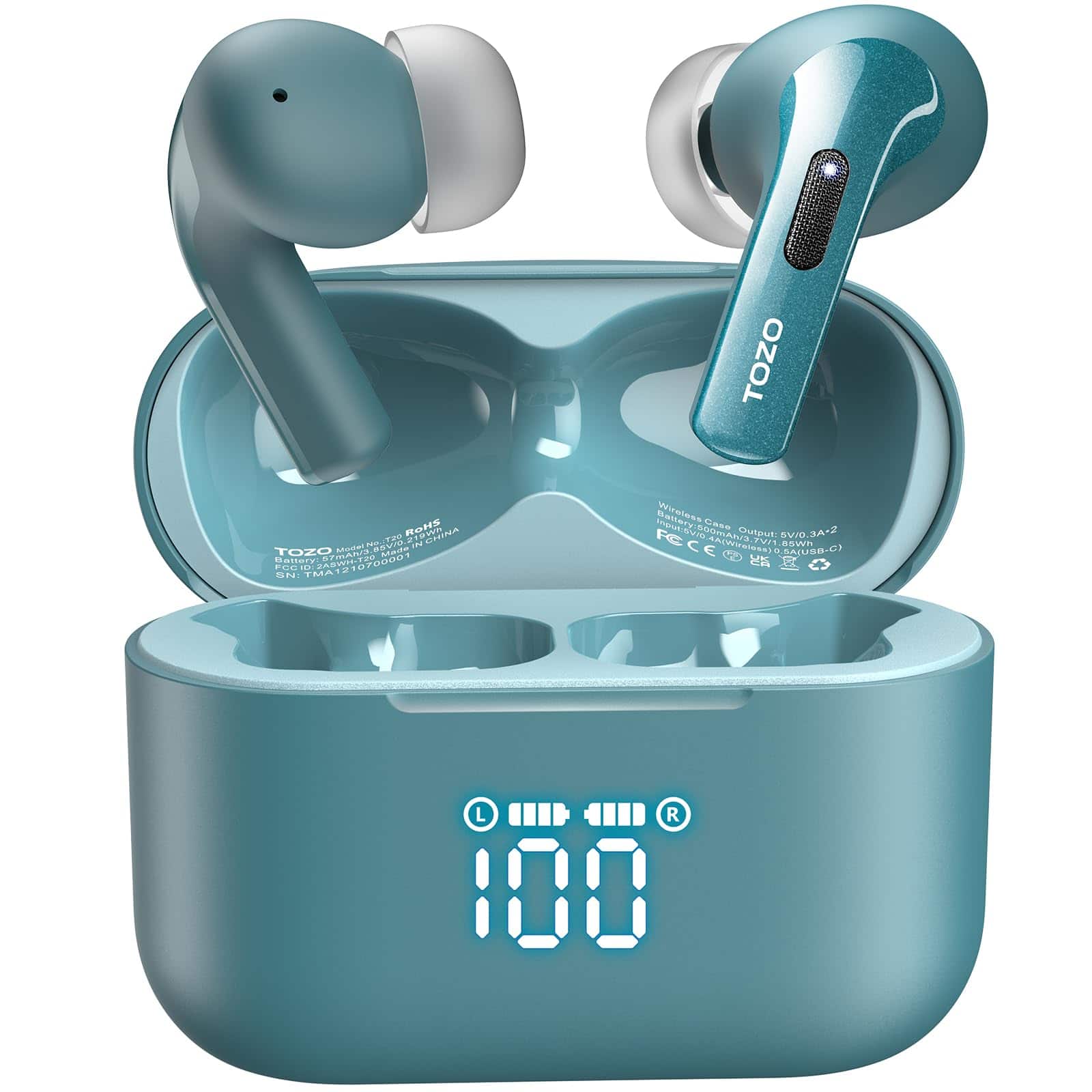 TOZO - T20 Wireless Earbuds, Bluetooth, 48.5H, LED Display, IPX8, Dual Mic ANC, 10mm, 2025 - Green