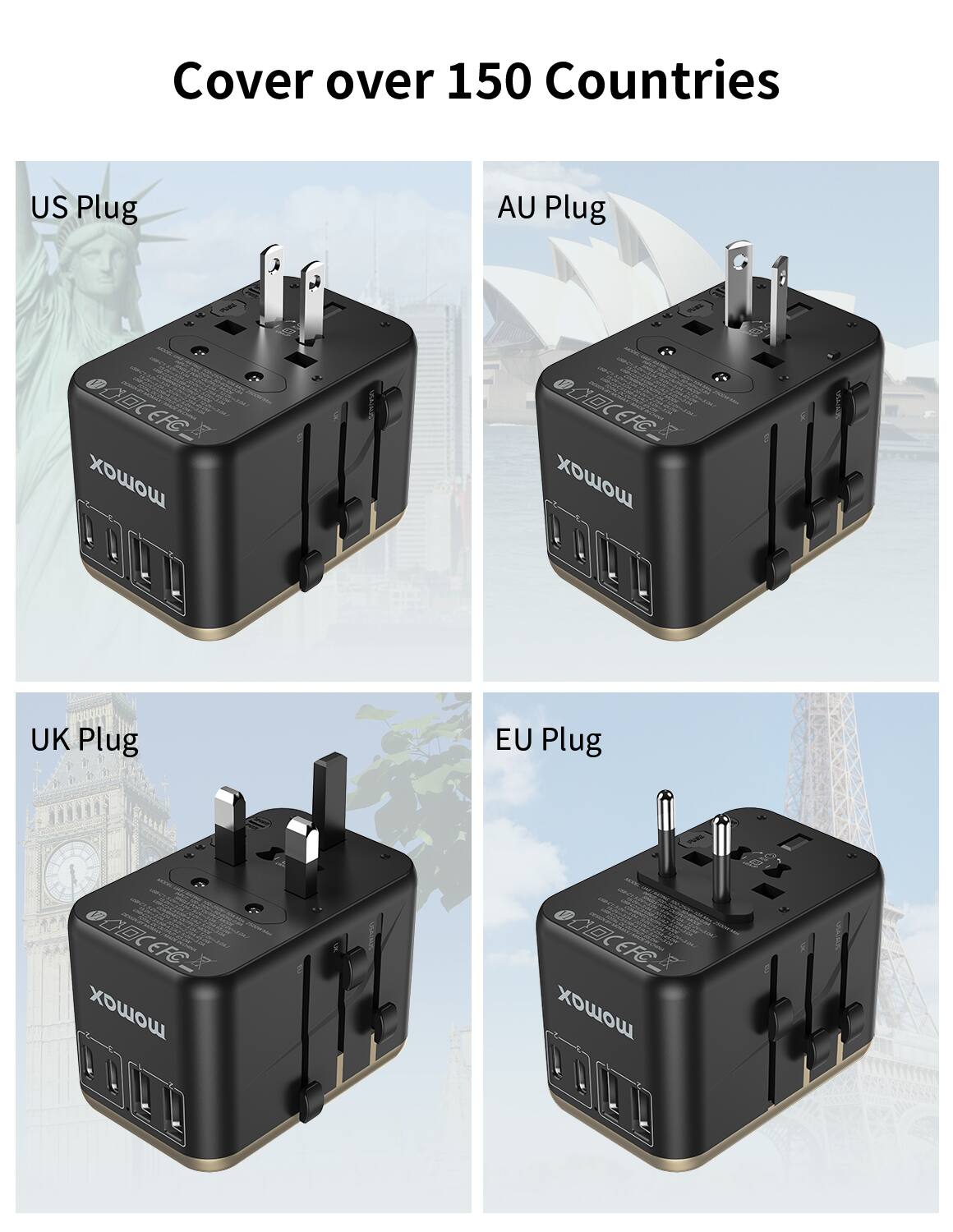 Cover over 150 Countries:

1. US Plug
2. AU Plug
3. UK Plug
4. EU Plug
5. OCE Plug