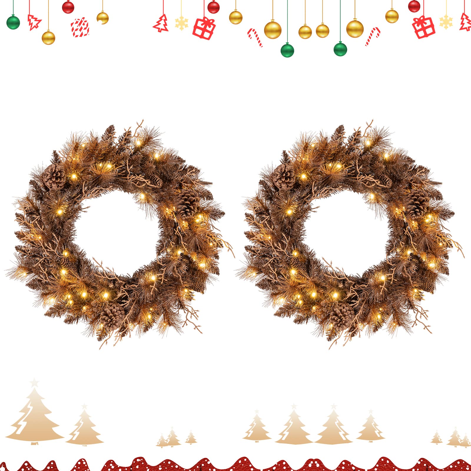Gymax - Set of 2 24'' Pre-lit Christmas Wreath Front Door Artificial Xmas Wreath w/105 Branch Tips - Brown
