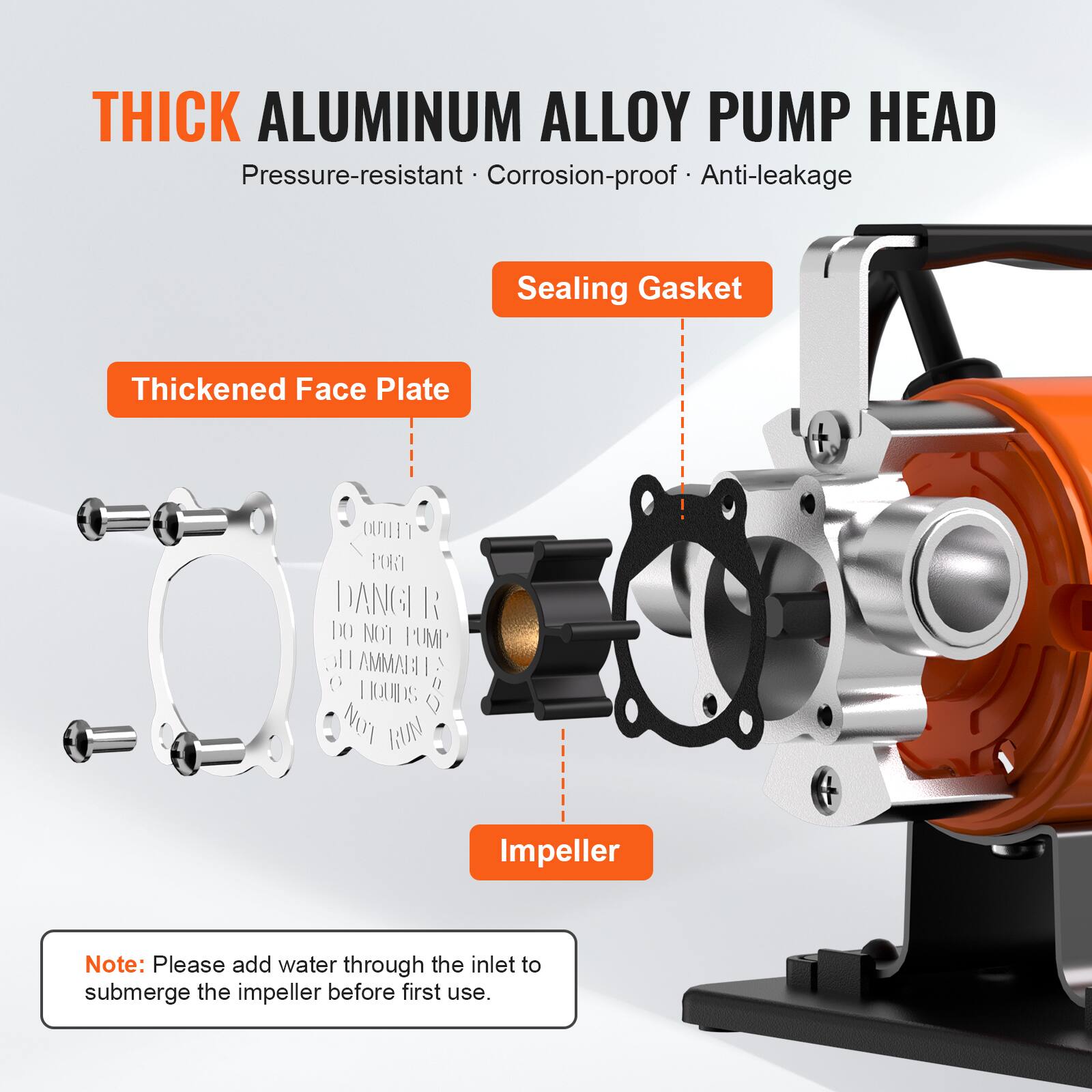 THICK ALUMINUM ALLOY PUMP HEAD  
Pressure-resistant • Corrosion-proof • Anti-leakage  

Sealing Gasket  
Thickened Face Plate  
Impeller  

win PORT DANGI R DO NOT PUMP AMMMA HOUIDS  

Note: Please add water through the inlet to submerge the impeller before first use.