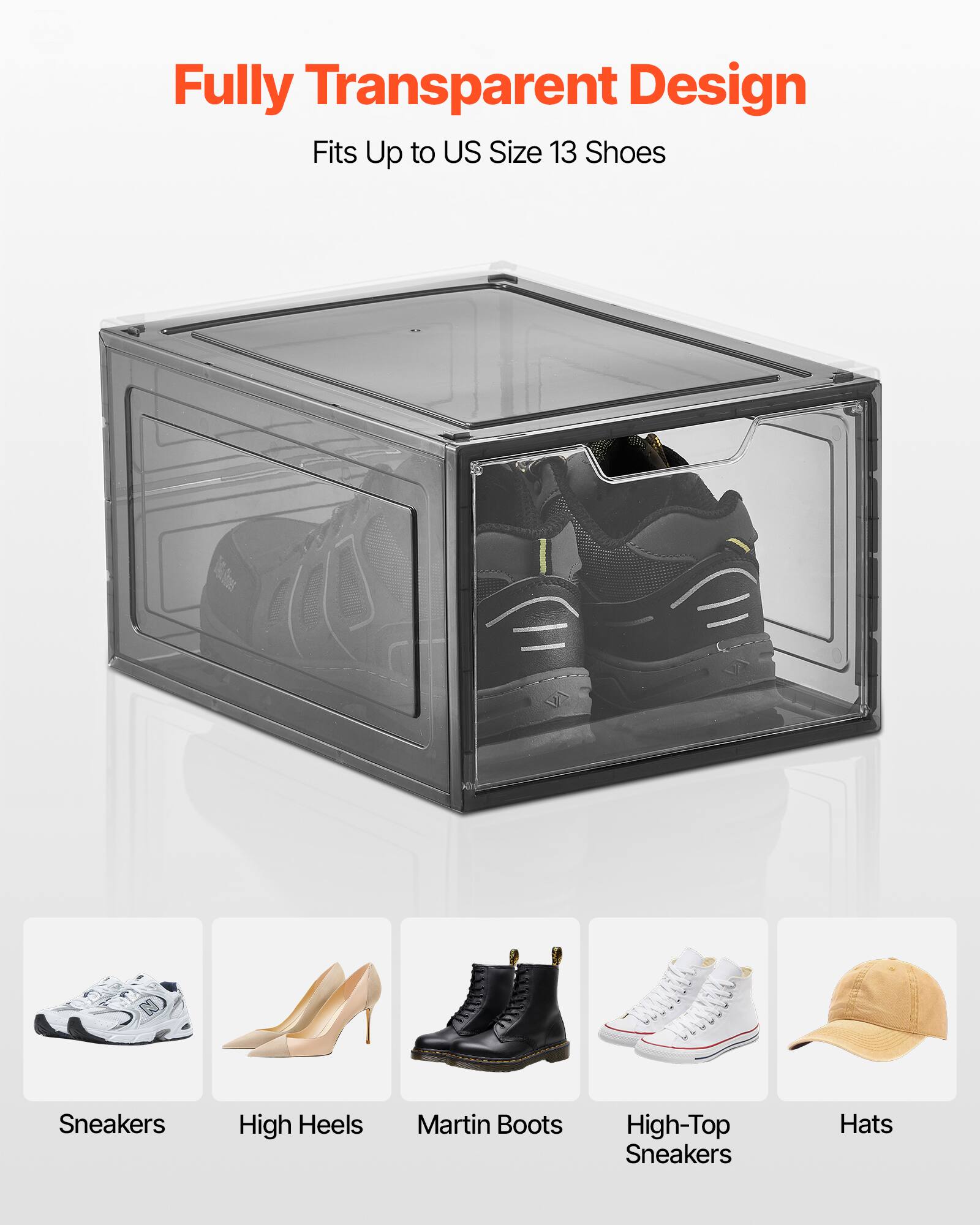Fully Transparent Design
Fits Up to US Size 13 Shoes
Sneakers
High Heels
Martin Boots
High-Top Sneakers
Hats